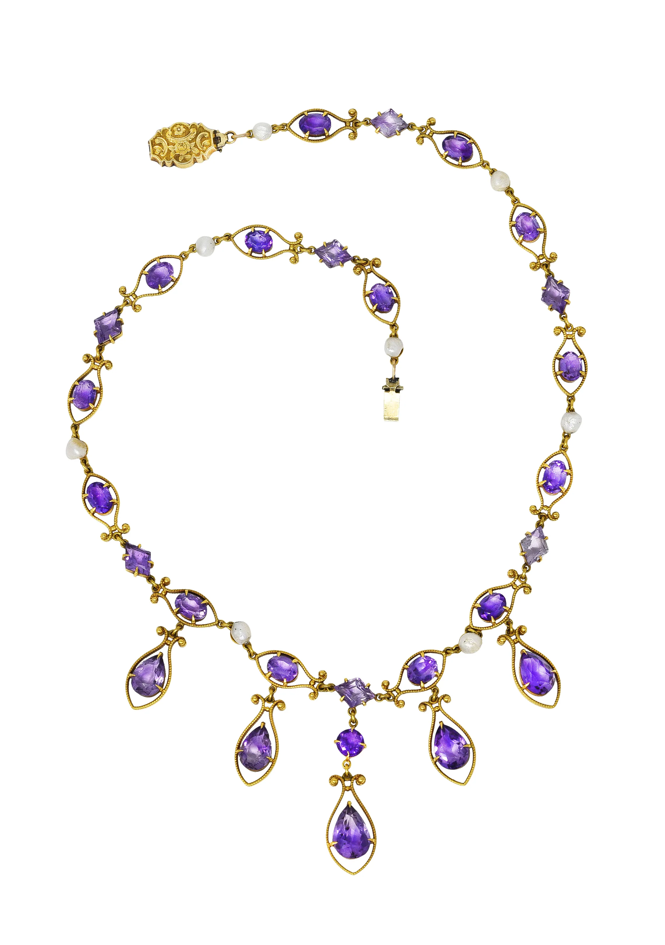 Victorian Amethyst Tourmaline Pearl 14 Karat Yellow Gold Filigree Drop Necklace - Image 2