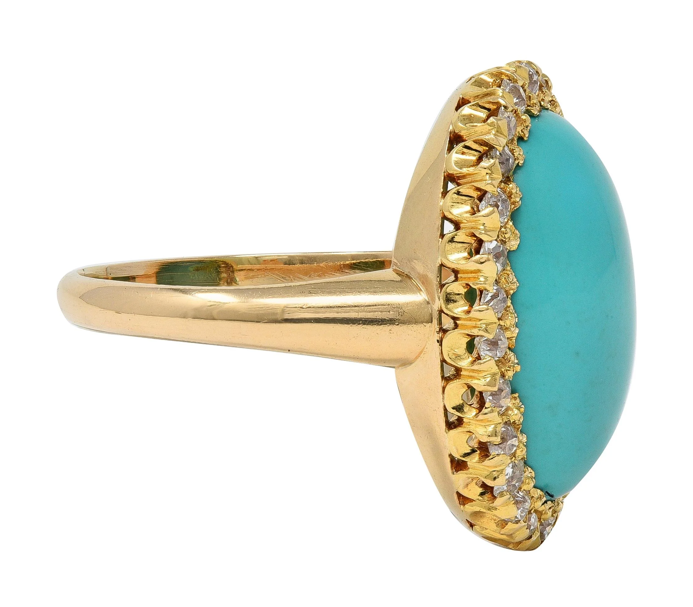 Victorian Antique Turquoise Diamond 14 Karat Yellow Gold Halo Ring - Image 2