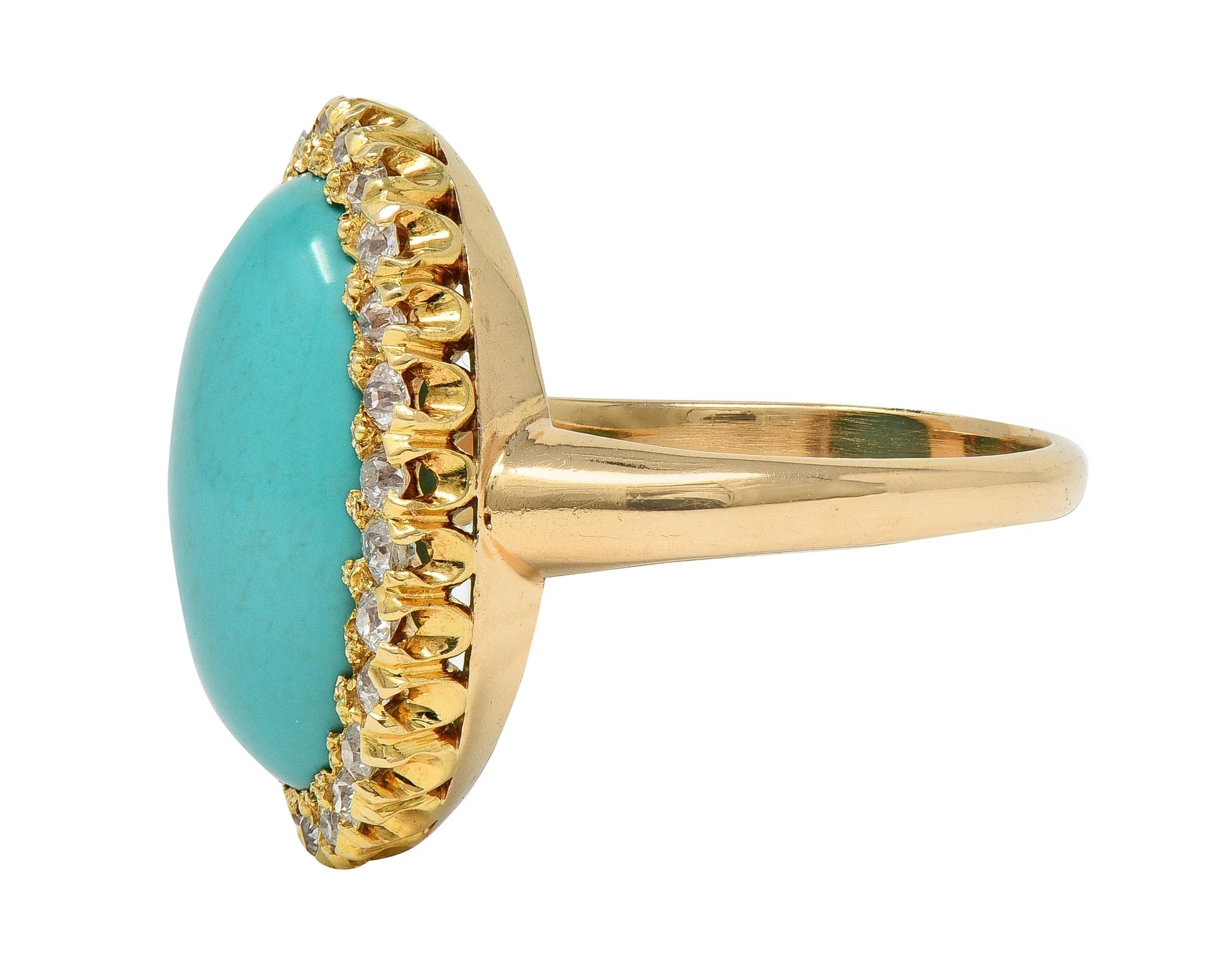 Victorian Antique Turquoise Diamond 14 Karat Yellow Gold Halo Ring - Image 4