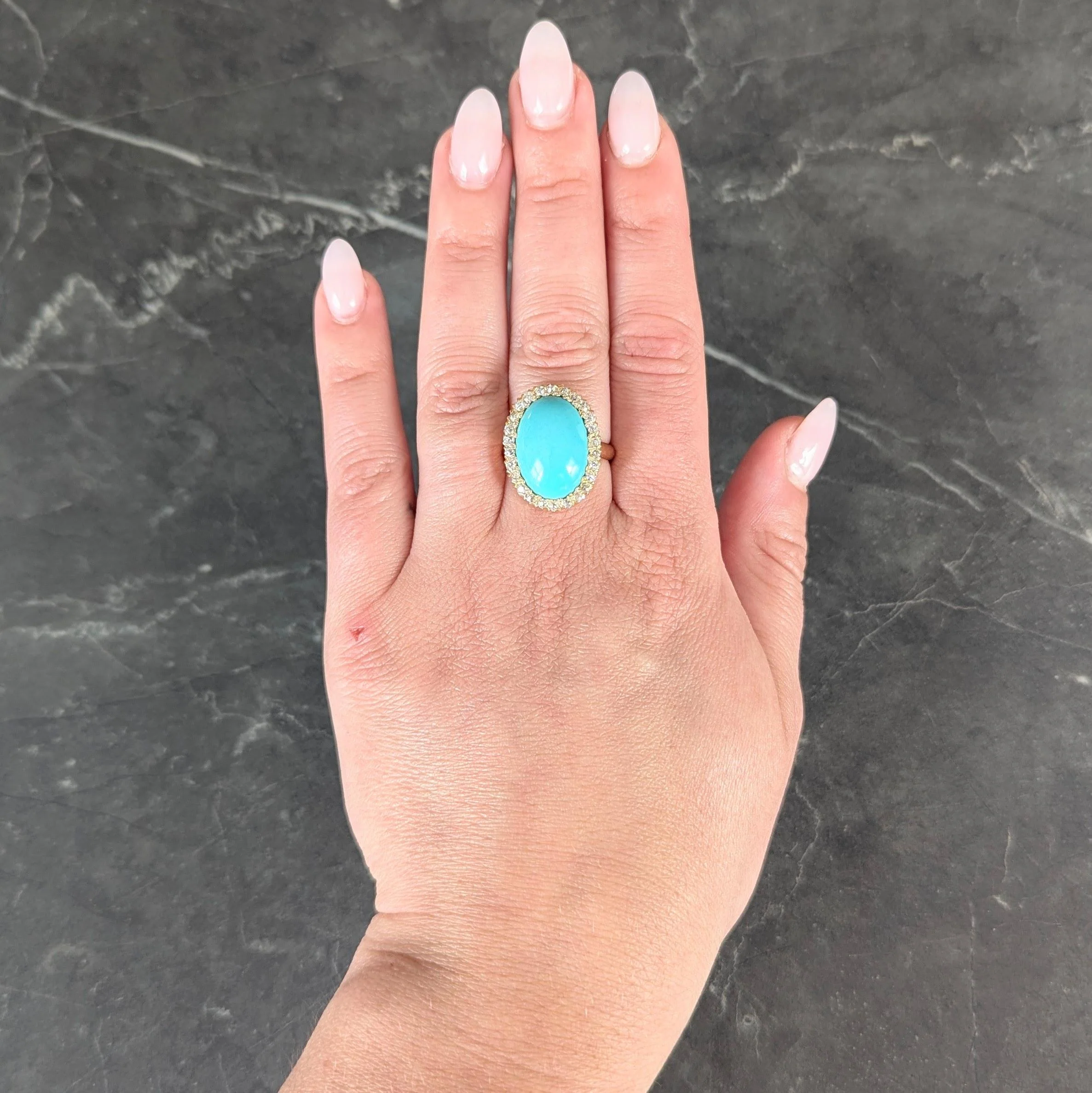 Victorian Antique Turquoise Diamond 14 Karat Yellow Gold Halo Ring - Image 7