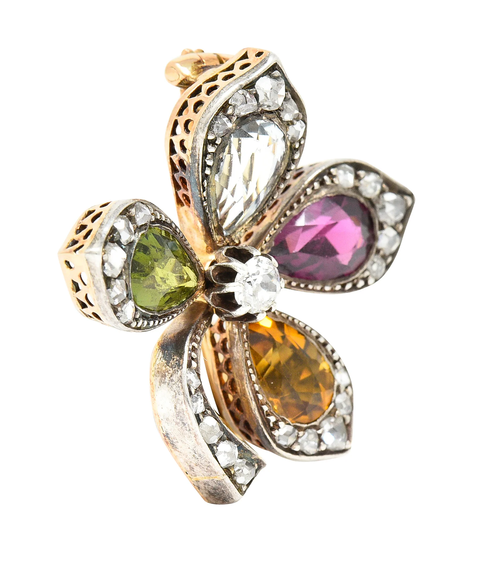 Victorian Aquamarine Garnet Citrine Peridot Diamond Silver-Topped 14 Karat Yellow Gold Four Leaf Clover Antique Brooch - Image 2