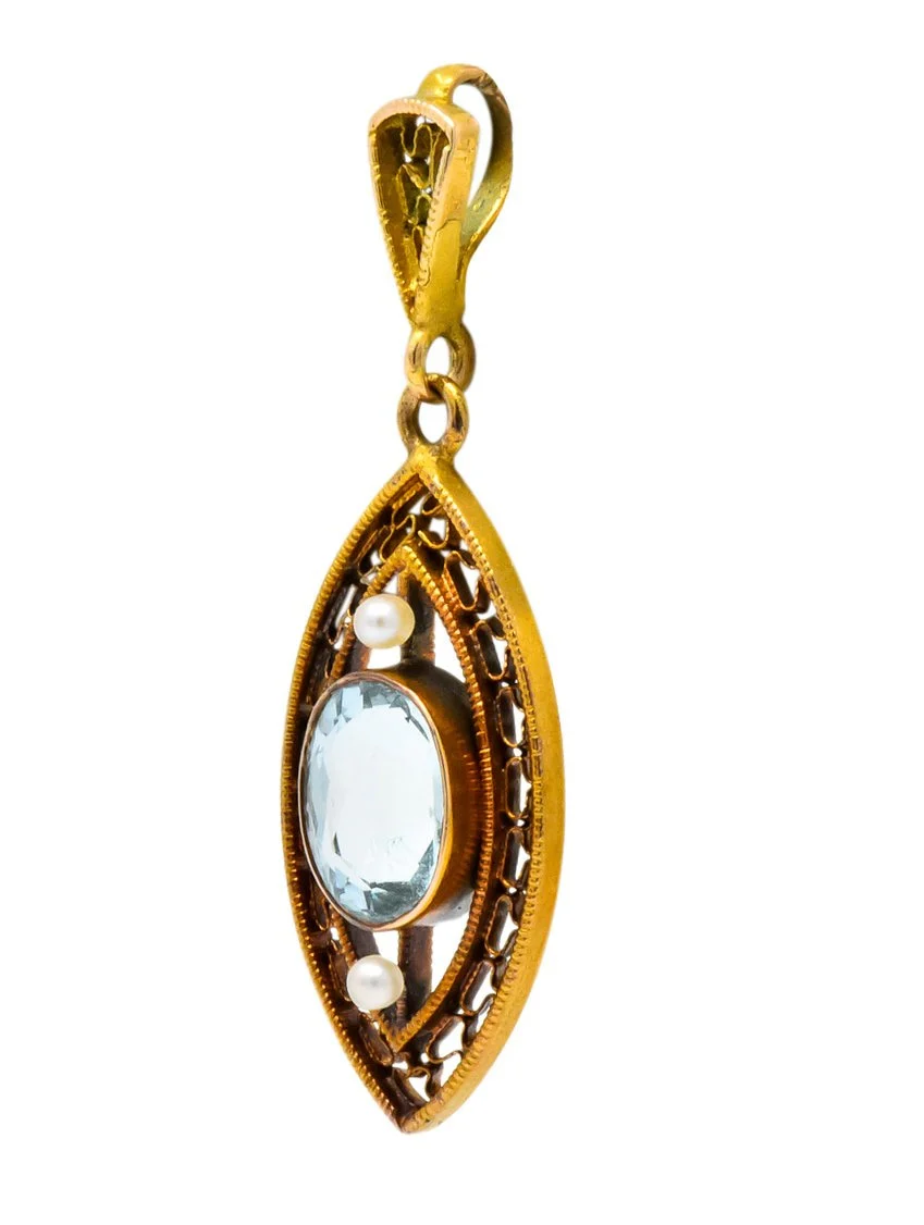 Victorian Aquamarine Seed Pearl 14 Karat Gold Pendant - Image 2