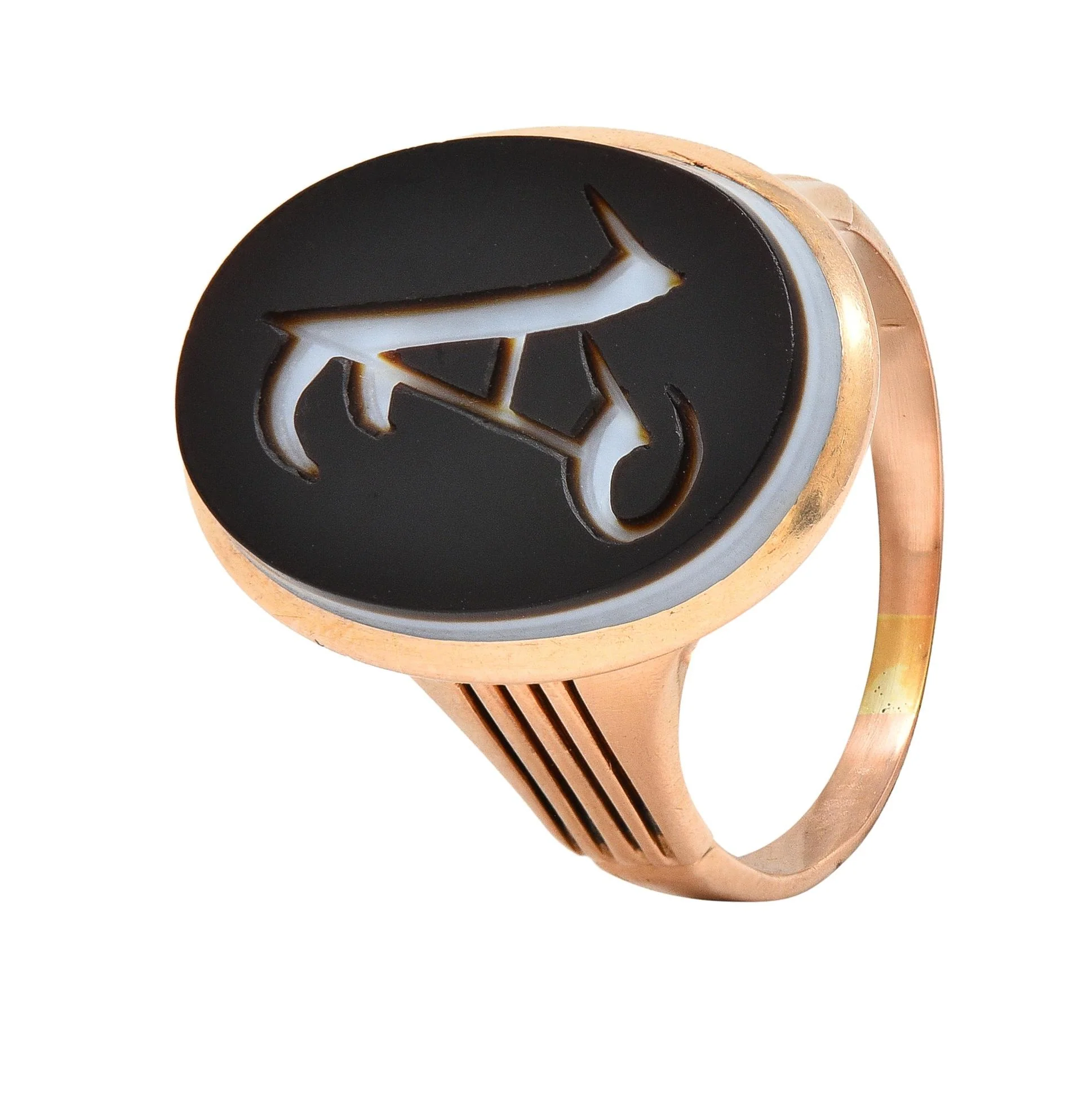 Victorian Banded Agate 14 Karat Rose Gold A Intaglio Antique Signet Ring - Image 10