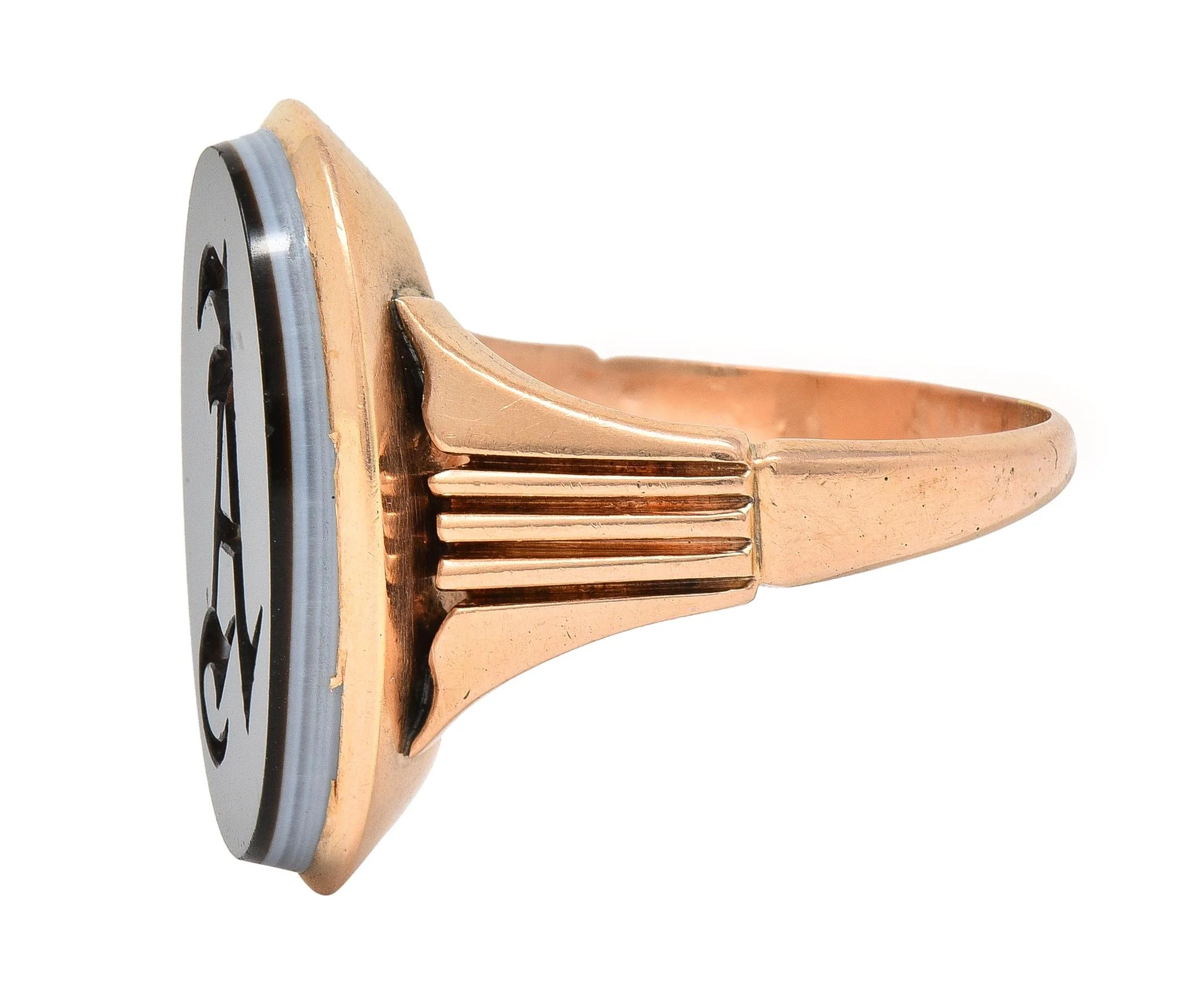 Victorian Banded Agate 14 Karat Rose Gold A Intaglio Antique Signet Ring - Image 5