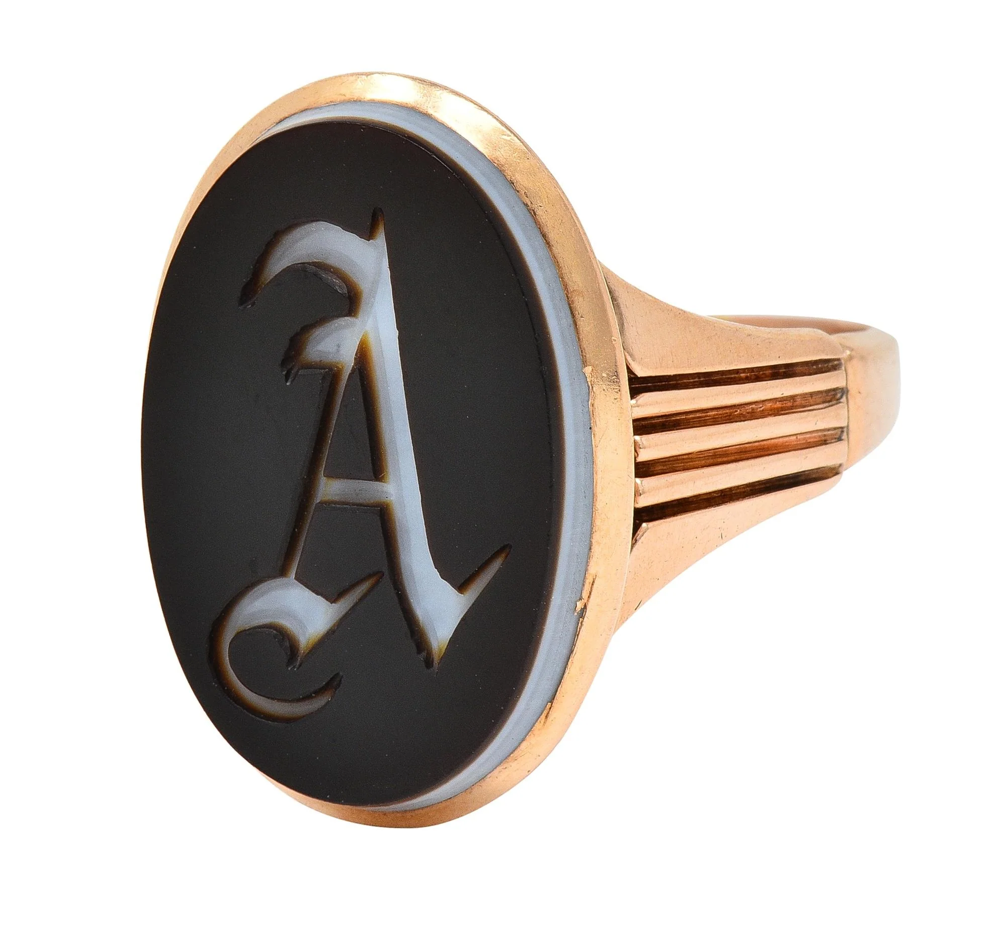 Victorian Banded Agate 14 Karat Rose Gold A Intaglio Antique Signet Ring - Image 6