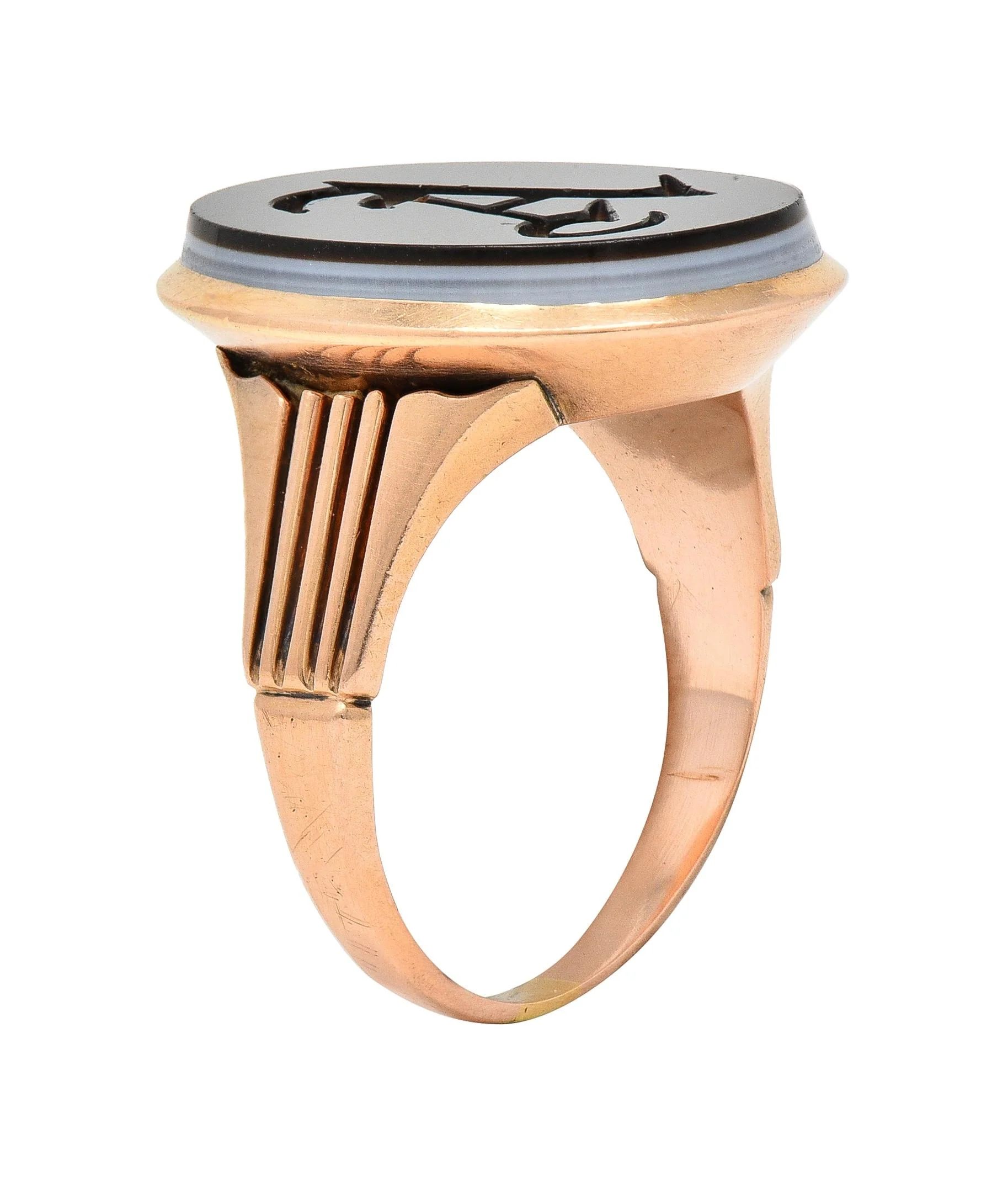 Victorian Banded Agate 14 Karat Rose Gold A Intaglio Antique Signet Ring - Image 7
