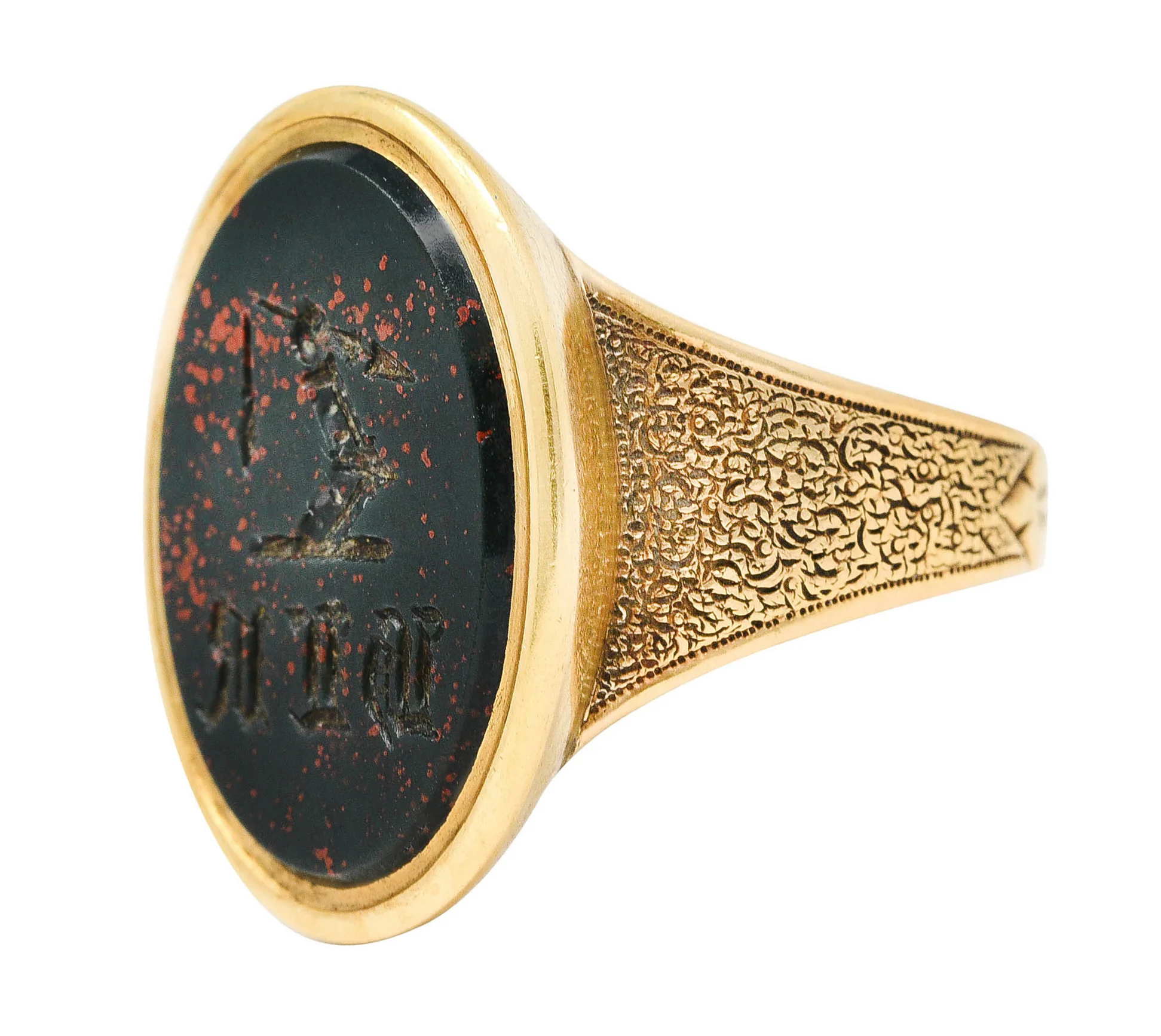 Victorian Bloodstone 18 Karat Gold Intaglio Monogram Signet Unisex Ring - Image 6