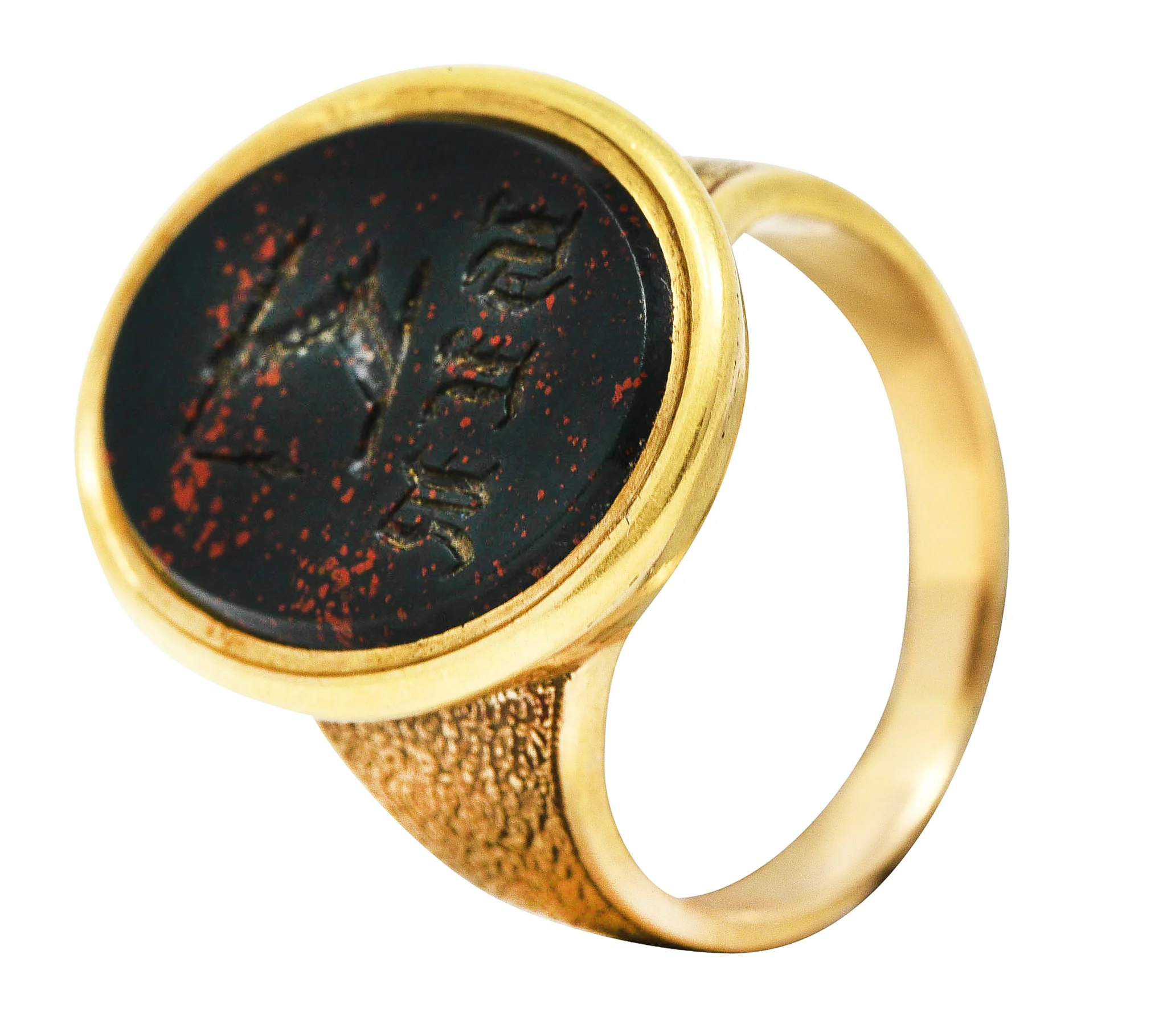 Victorian Bloodstone 18 Karat Gold Intaglio Monogram Signet Unisex Ring - Image 8