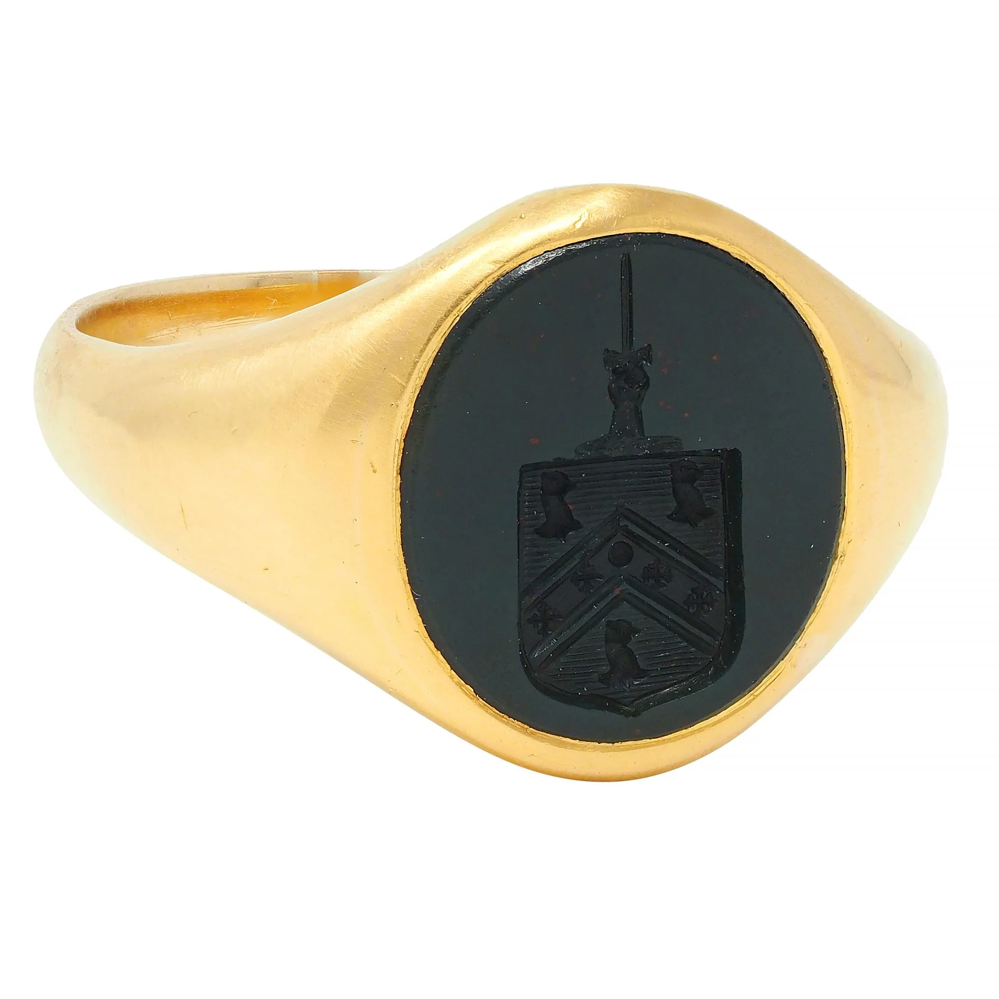 Victorian Bloodstone 18K Yellow Gold Crest Antique Unisex Shield Signet Ring - Image 2