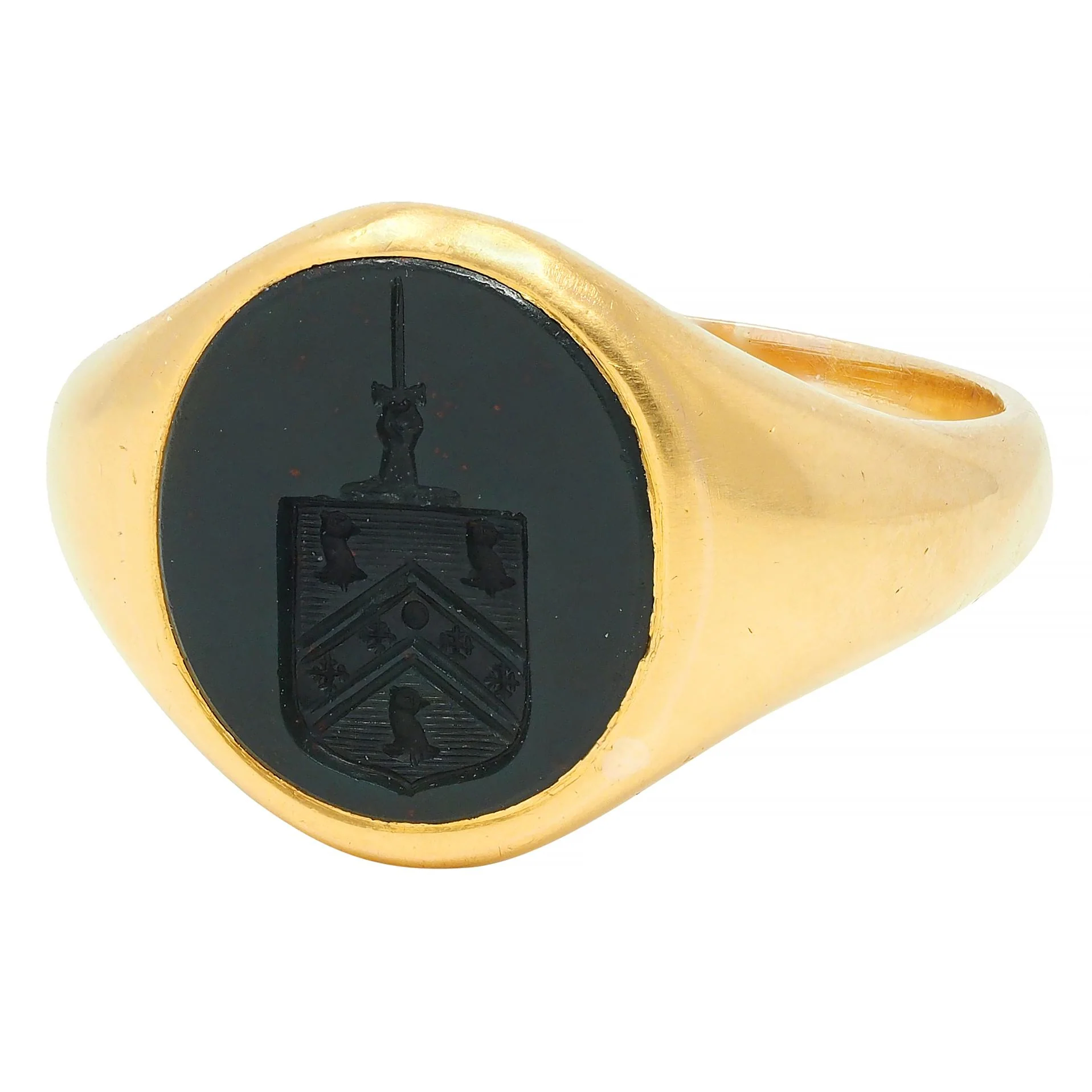 Victorian Bloodstone 18K Yellow Gold Crest Antique Unisex Shield Signet Ring - Image 5