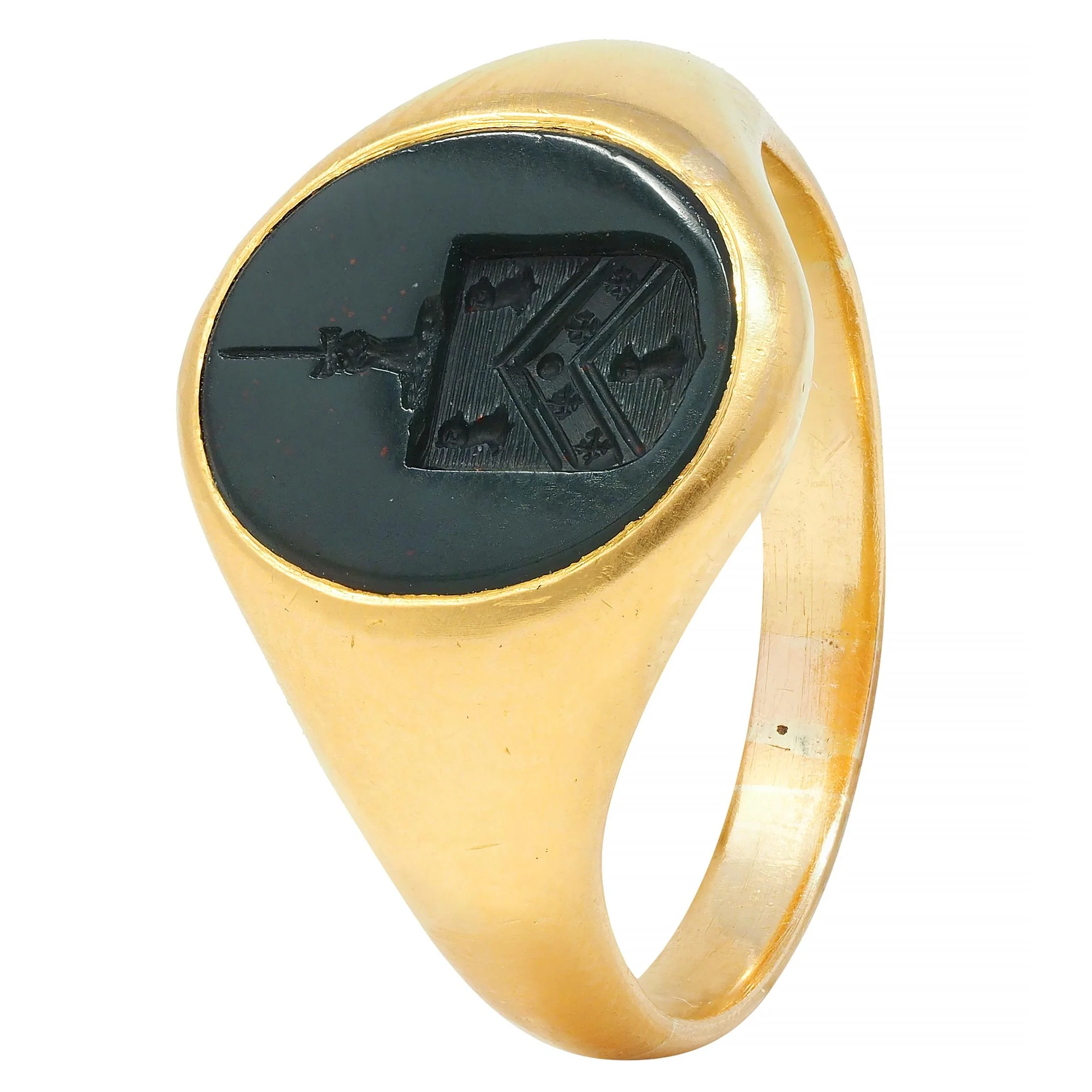Victorian Bloodstone 18K Yellow Gold Crest Antique Unisex Shield Signet Ring - Image 6
