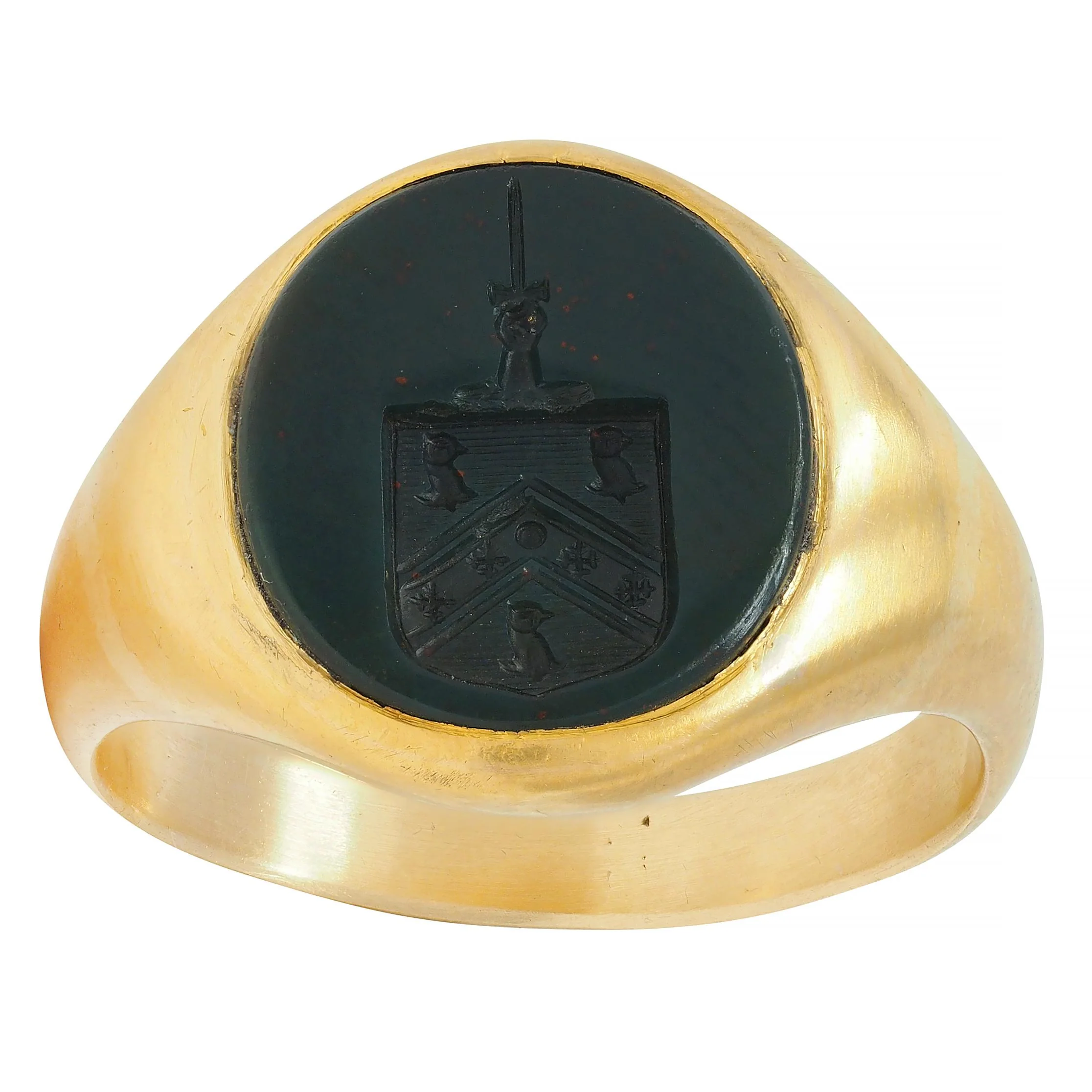 Victorian Bloodstone 18K Yellow Gold Crest Antique Unisex Shield Signet Ring - Image 7