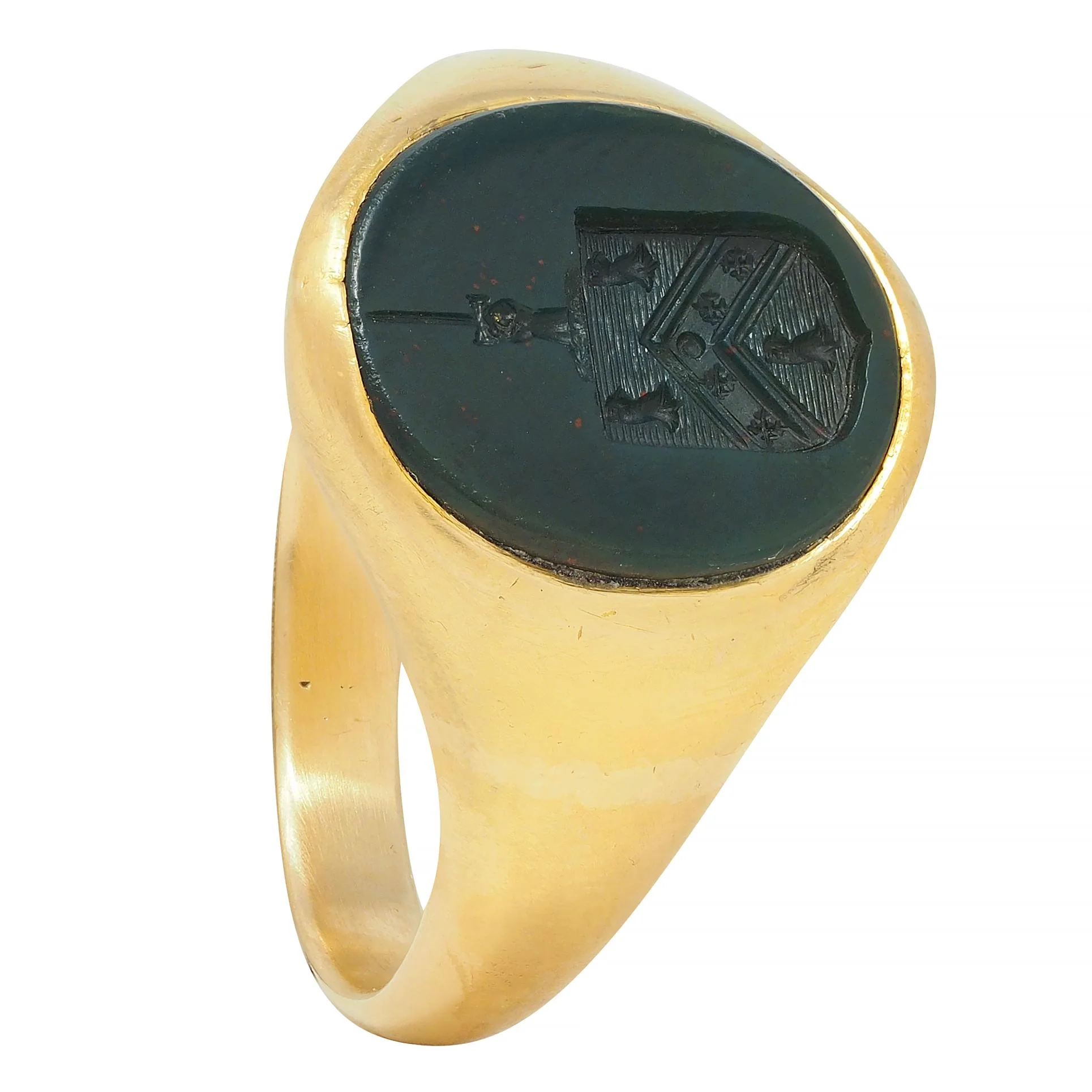 Victorian Bloodstone 18K Yellow Gold Crest Antique Unisex Shield Signet Ring - Image 9
