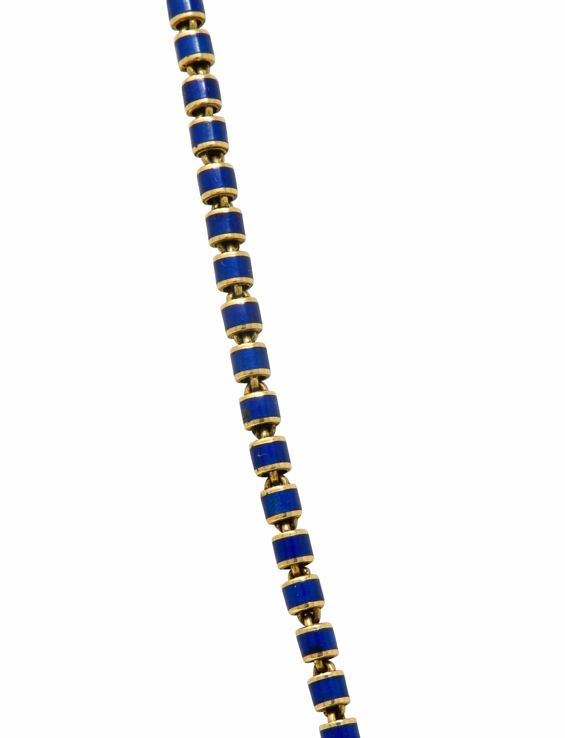 Victorian Blue Enamel 14 Karat Gold 56 Inch Long Chain Necklace Circa 1900 - Image 2