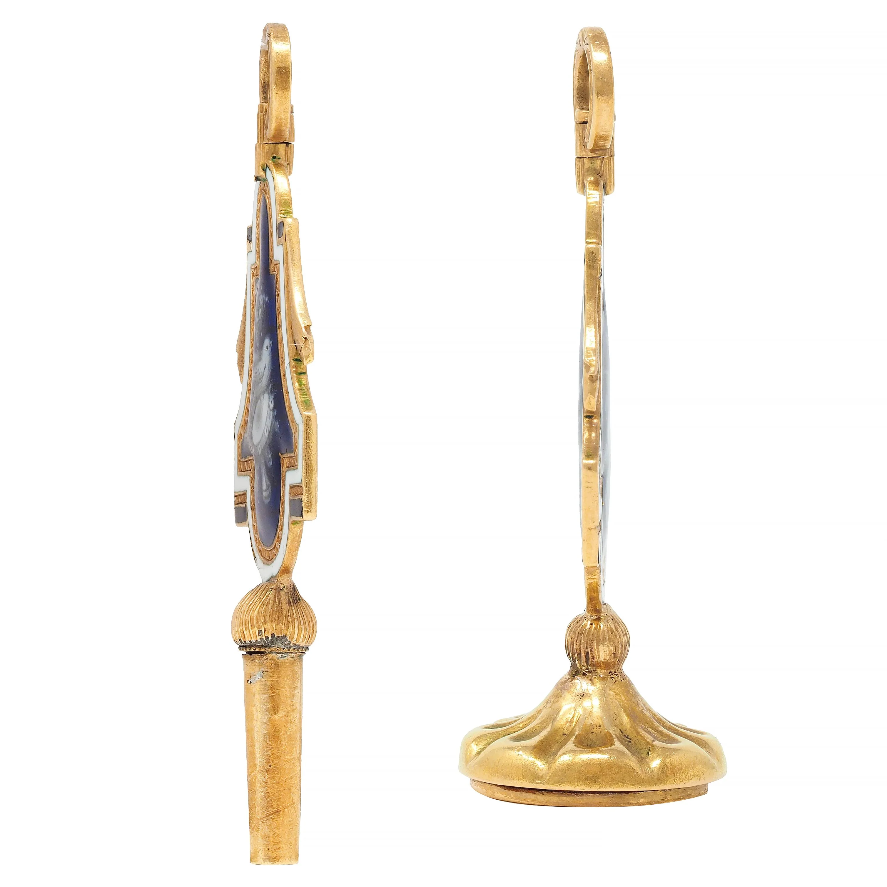 Victorian Blue Enamel 18 Karat Yellow Gold Bird Antique Bird Fob Pendant Set - Image 2