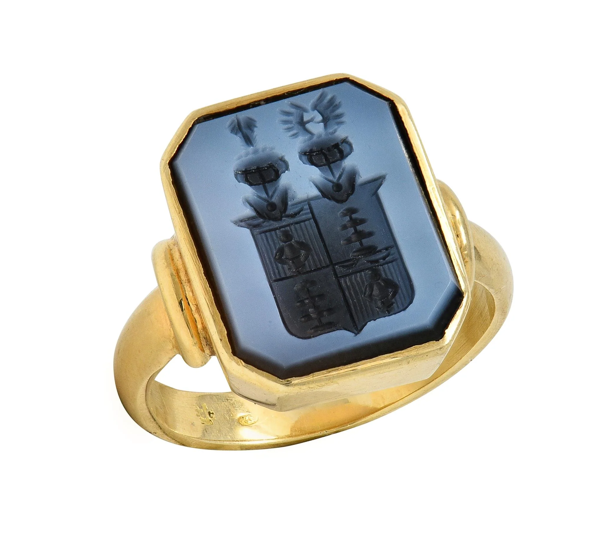 Victorian Blue Sardonyx 14 Karat Yellow Gold Antique Heraldry Intaglio Signet Ring - Image 7