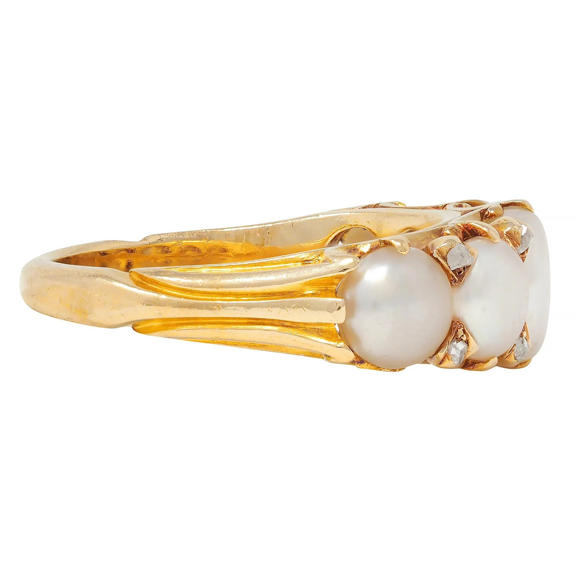 Victorian Button Pearl Diamond 18 Karat Yellow Gold Antique Five Stone Band Ring - Image 3
