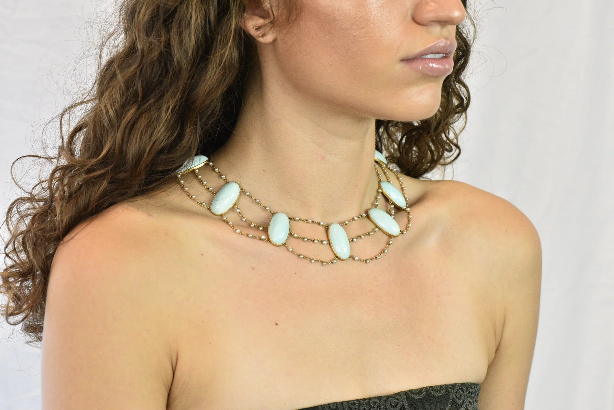 Victorian Cabochon Turquoise Pearl 14 Karat Gold Swag Necklace - Image 10