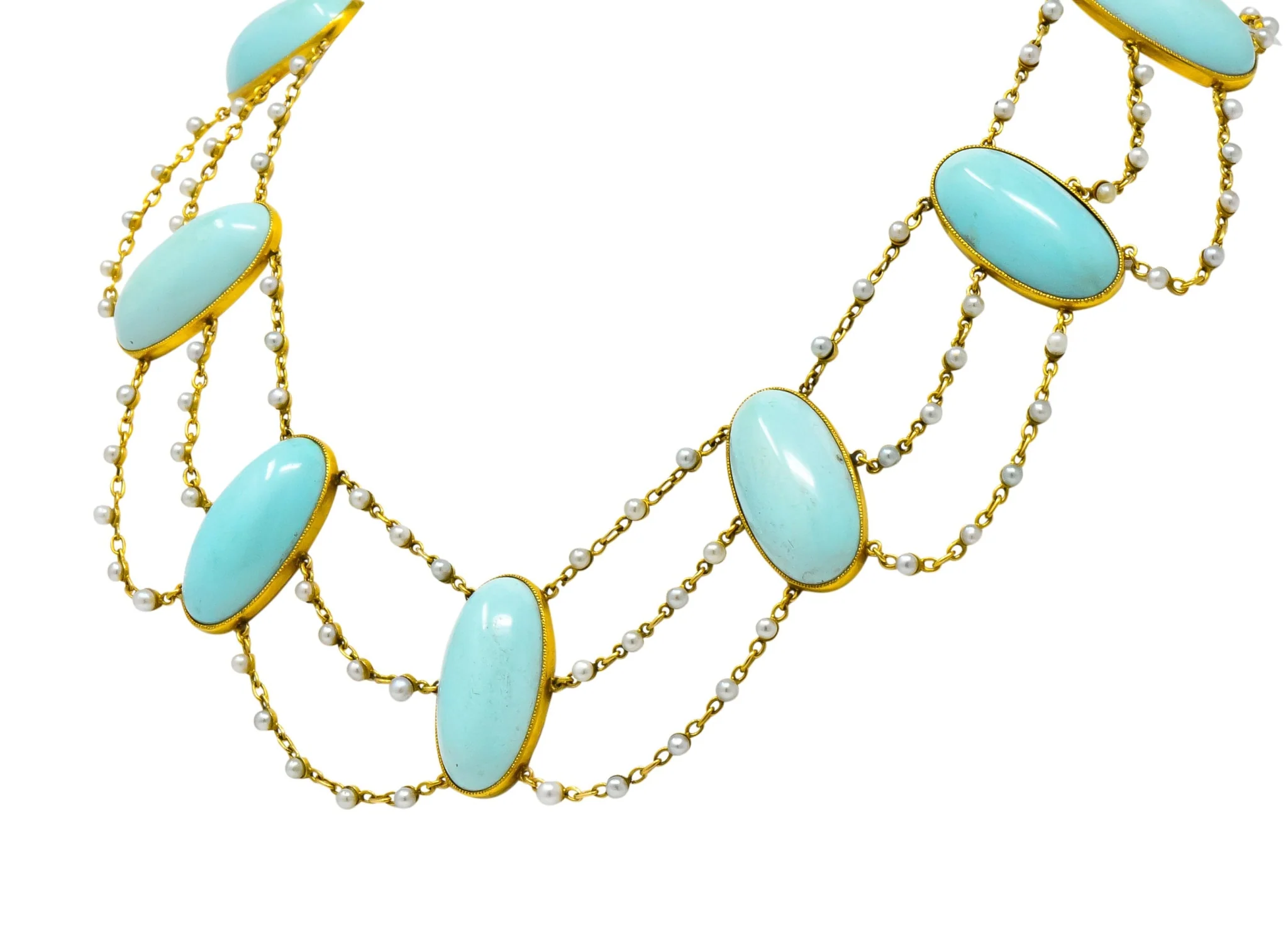 Victorian Cabochon Turquoise Pearl 14 Karat Gold Swag Necklace - Image 2