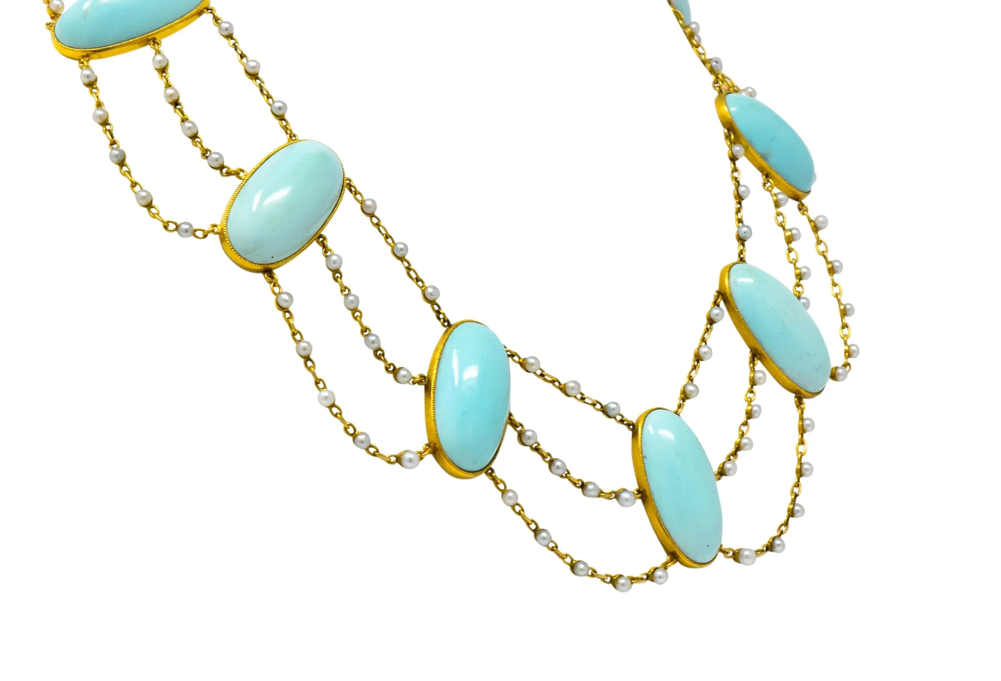 Victorian Cabochon Turquoise Pearl 14 Karat Gold Swag Necklace - Image 3