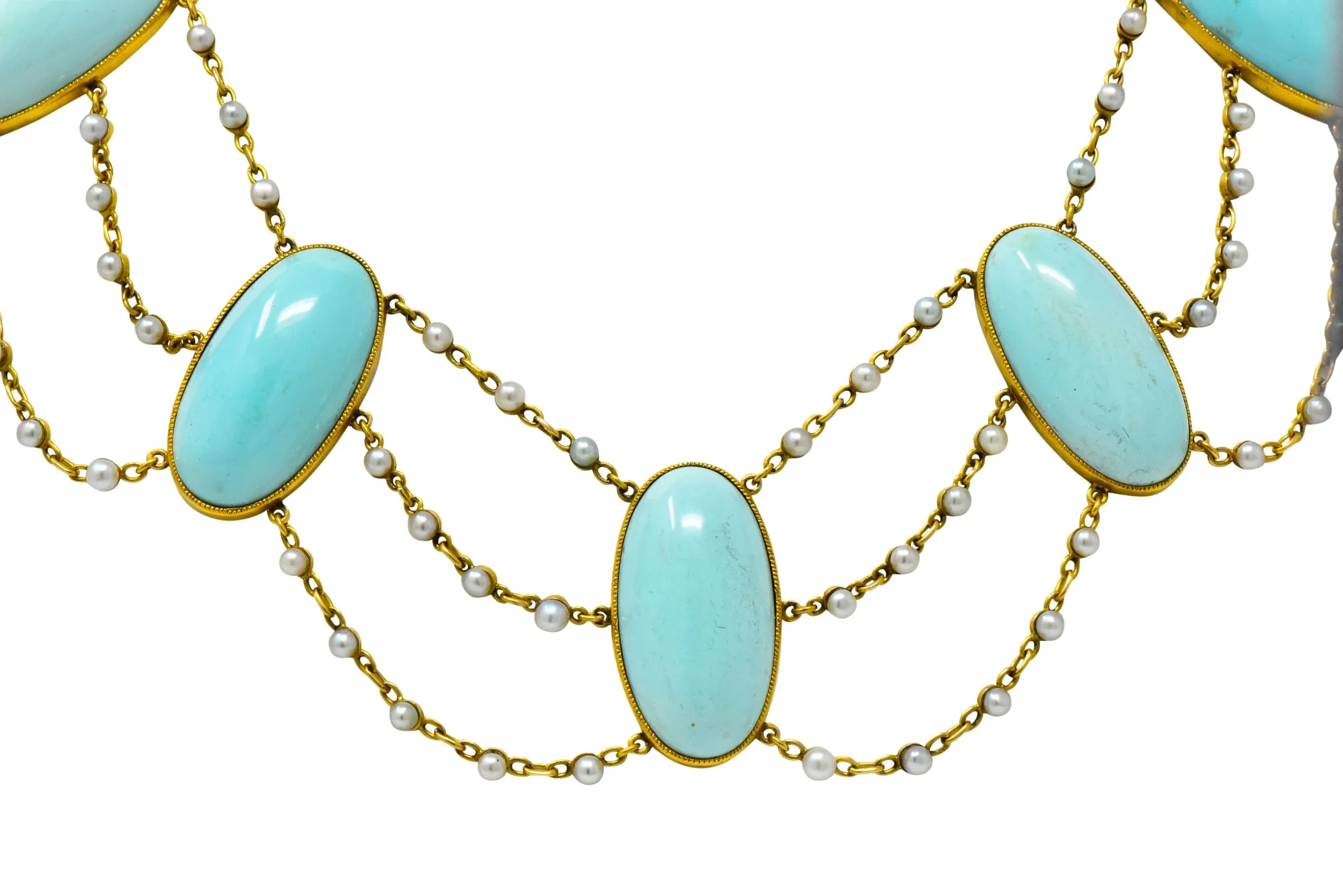 Victorian Cabochon Turquoise Pearl 14 Karat Gold Swag Necklace - Image 4