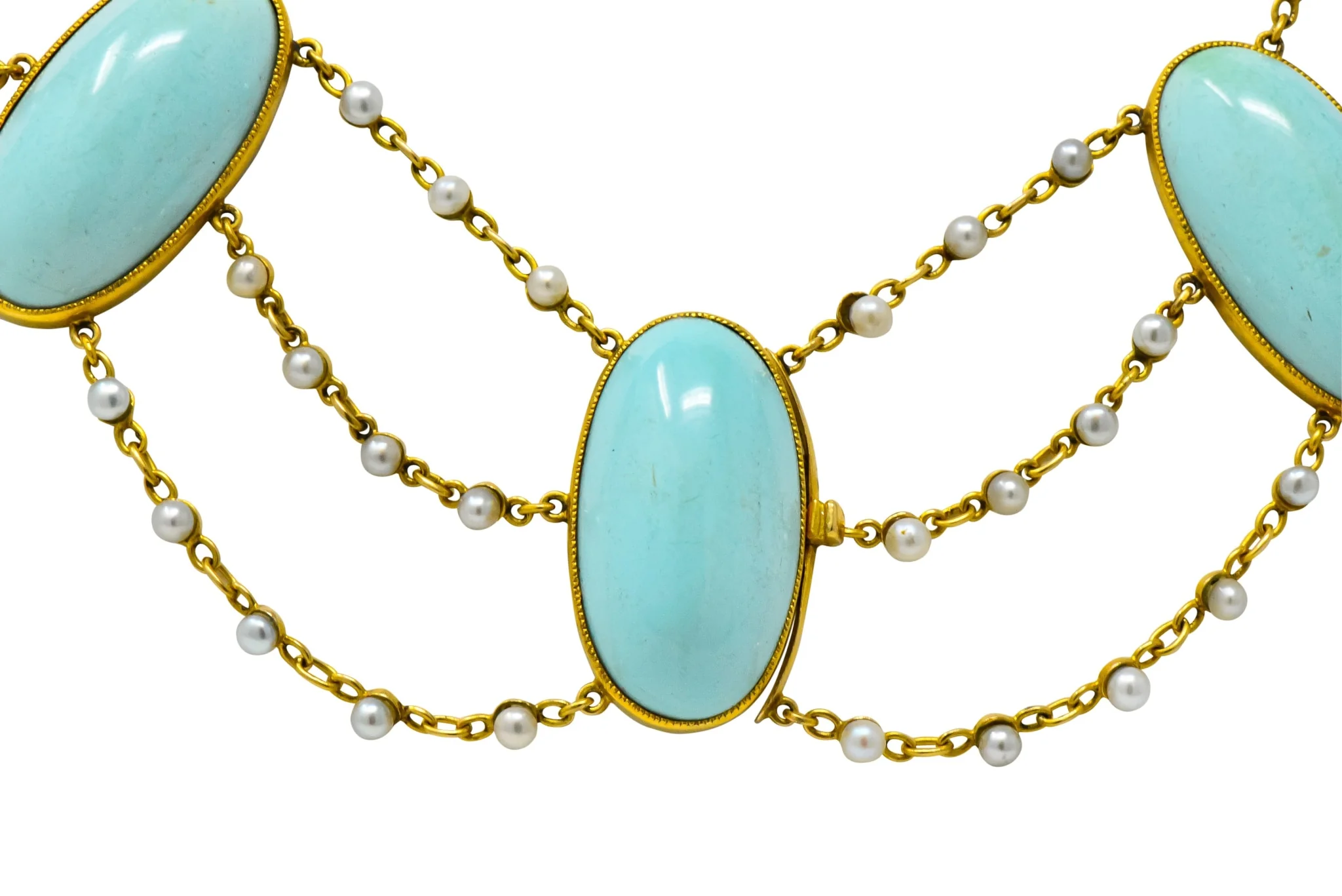 Victorian Cabochon Turquoise Pearl 14 Karat Gold Swag Necklace - Image 5
