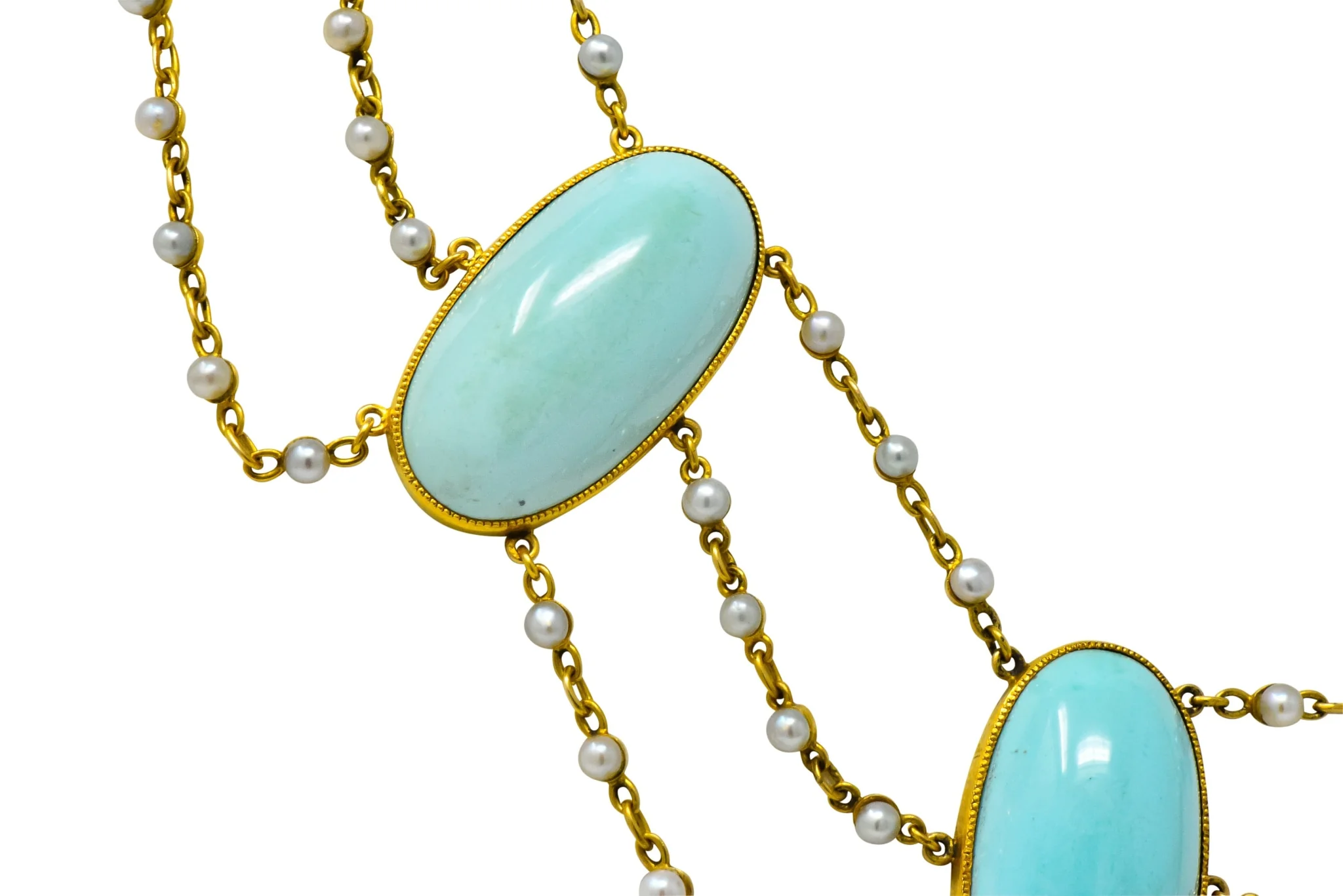 Victorian Cabochon Turquoise Pearl 14 Karat Gold Swag Necklace - Image 8