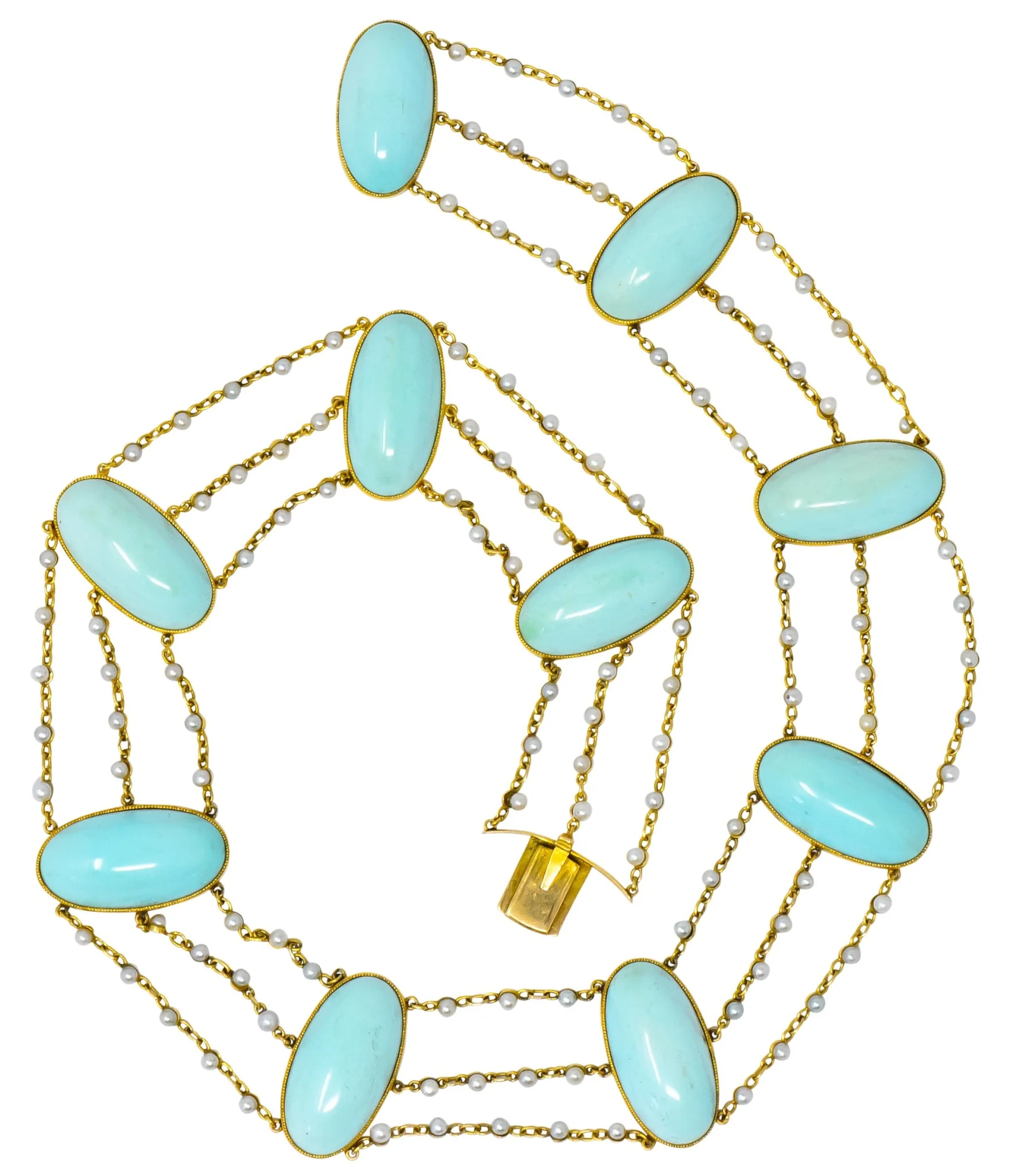 Victorian Cabochon Turquoise Pearl 14 Karat Gold Swag Necklace - Image 9