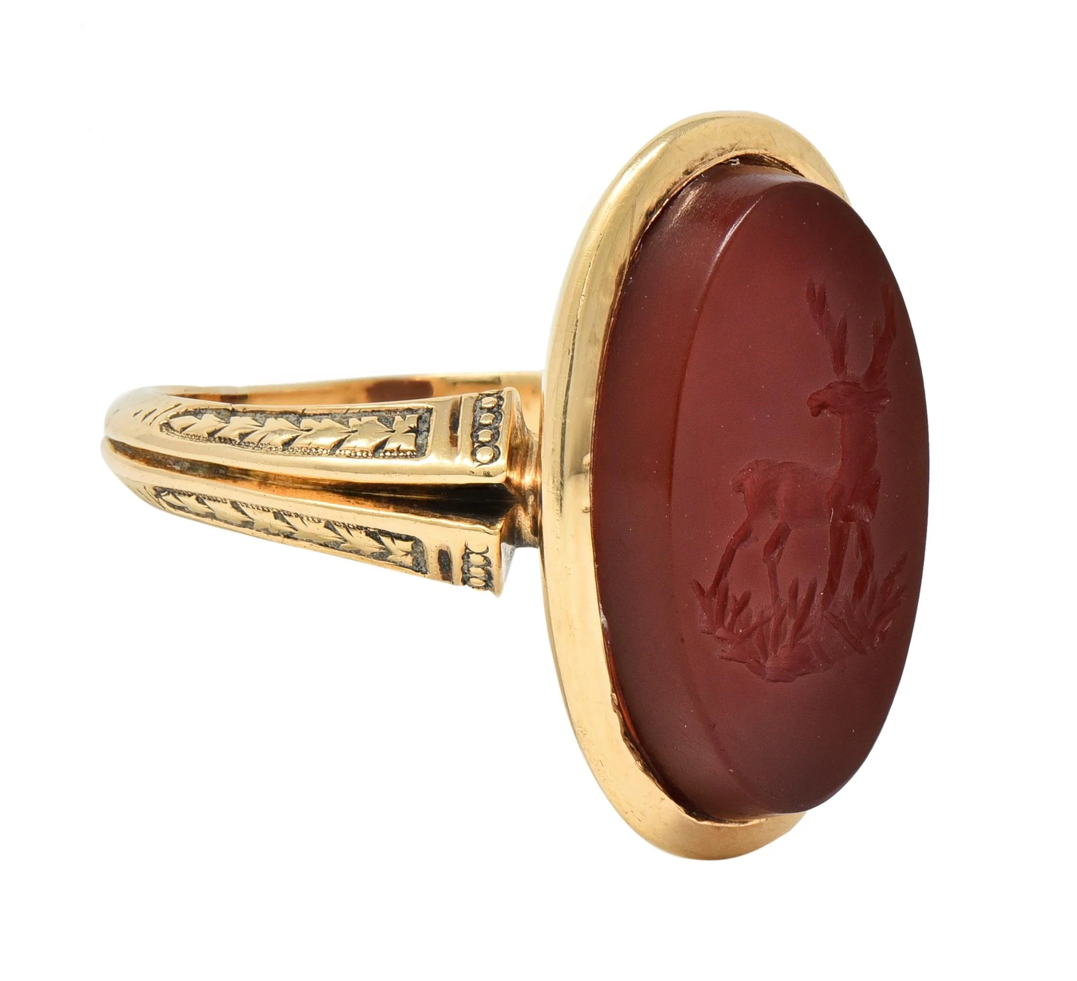 Victorian Carnelian 18 Karat Yellow Gold Stag Deer Intaglio Antique Signet Ring - Image 2