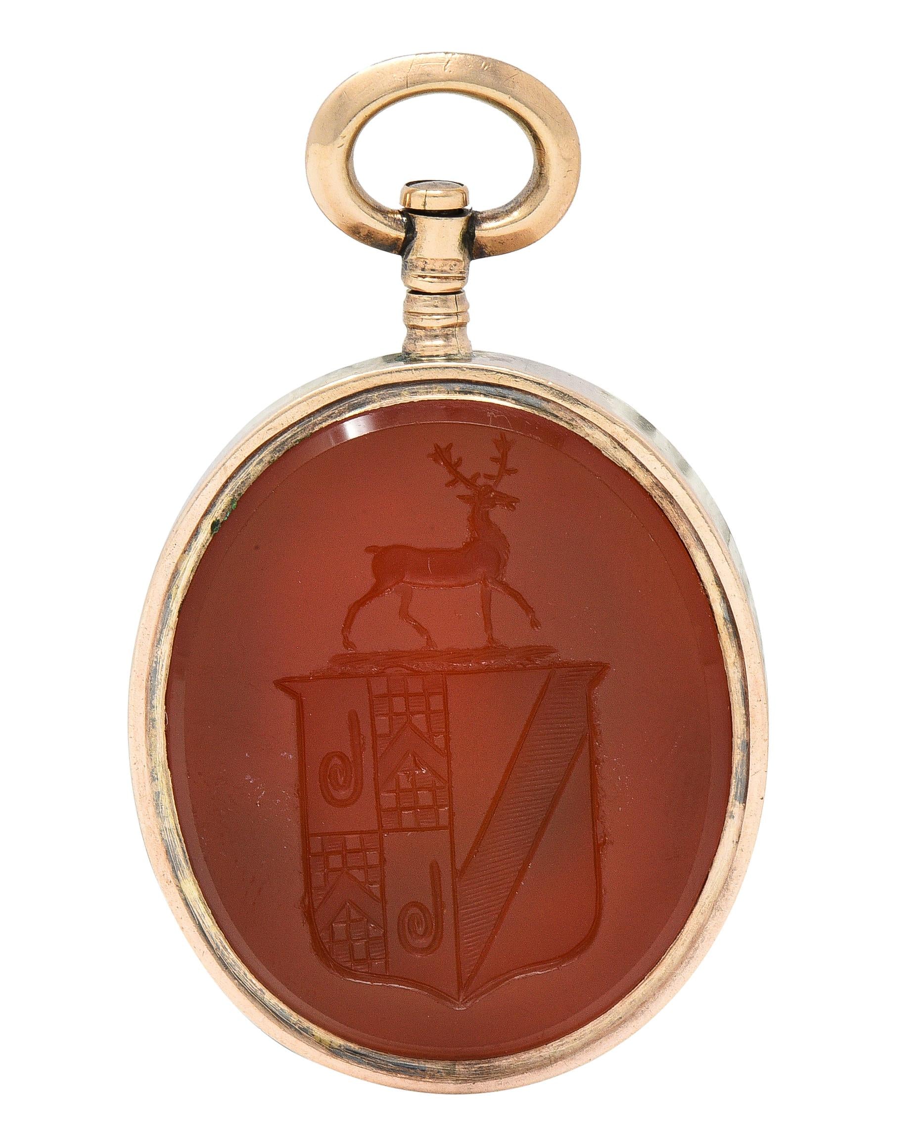 Victorian Carnelian Enamel Glass 14 Karat Rose Gold Intaglio Crest Eagle Americana Antique Micro-Mosaic Fob Pendant - Image 2