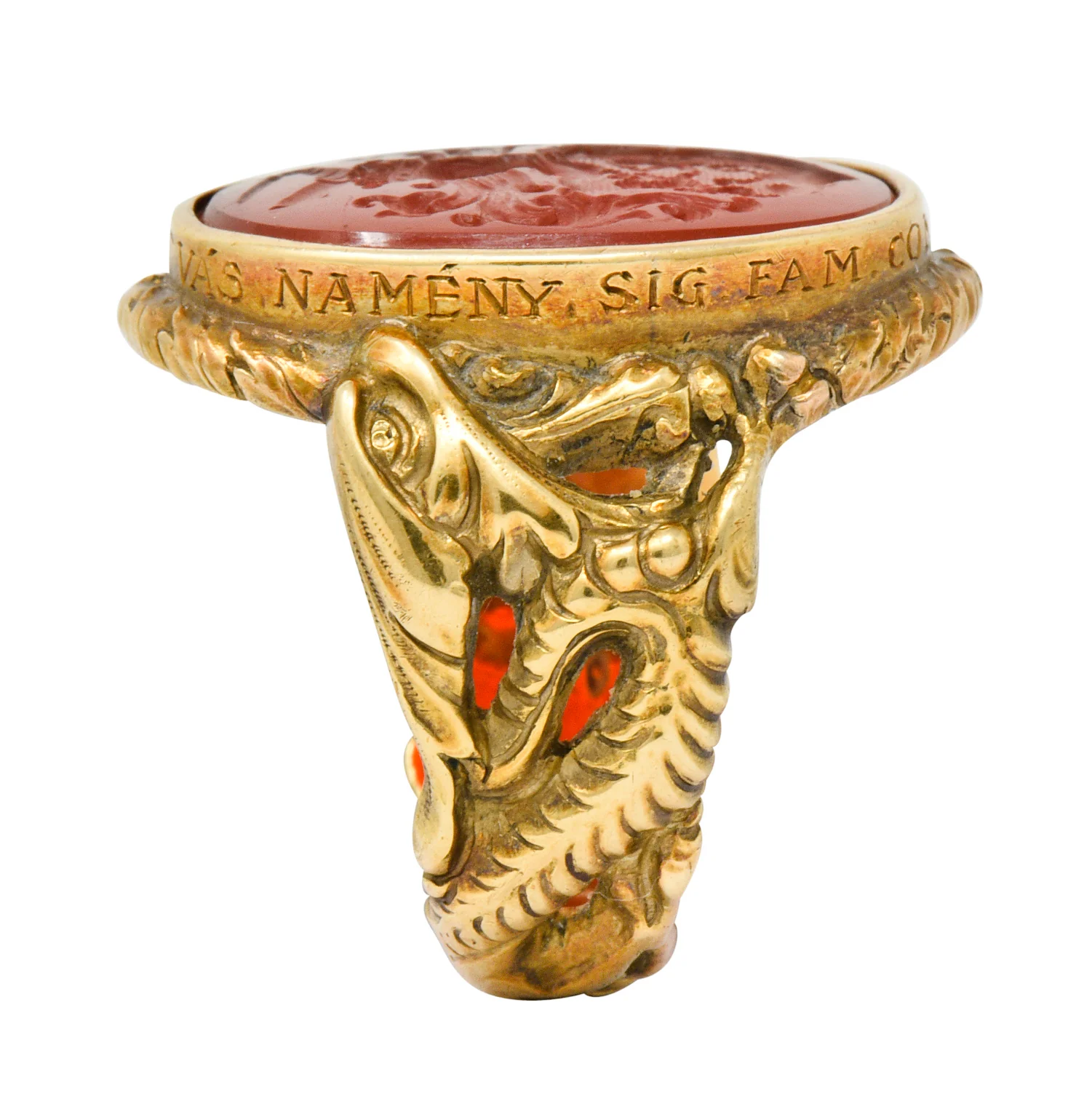 Victorian Carnelian Intaglio 14 Karat Gold Heraldry Men's Dragon Signet Ring - Image 10