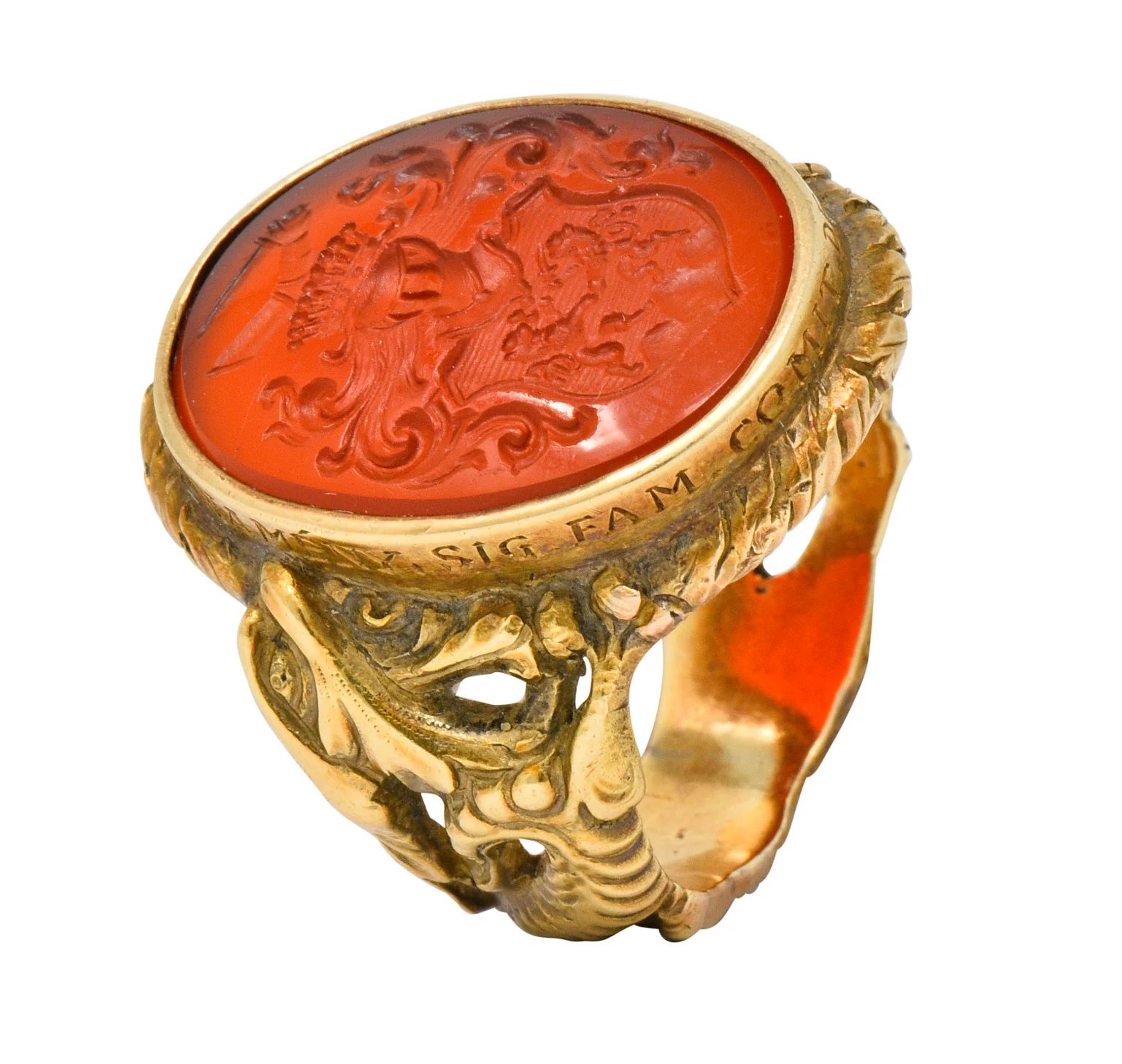 Victorian Carnelian Intaglio 14 Karat Gold Heraldry Men's Dragon Signet Ring - Image 13