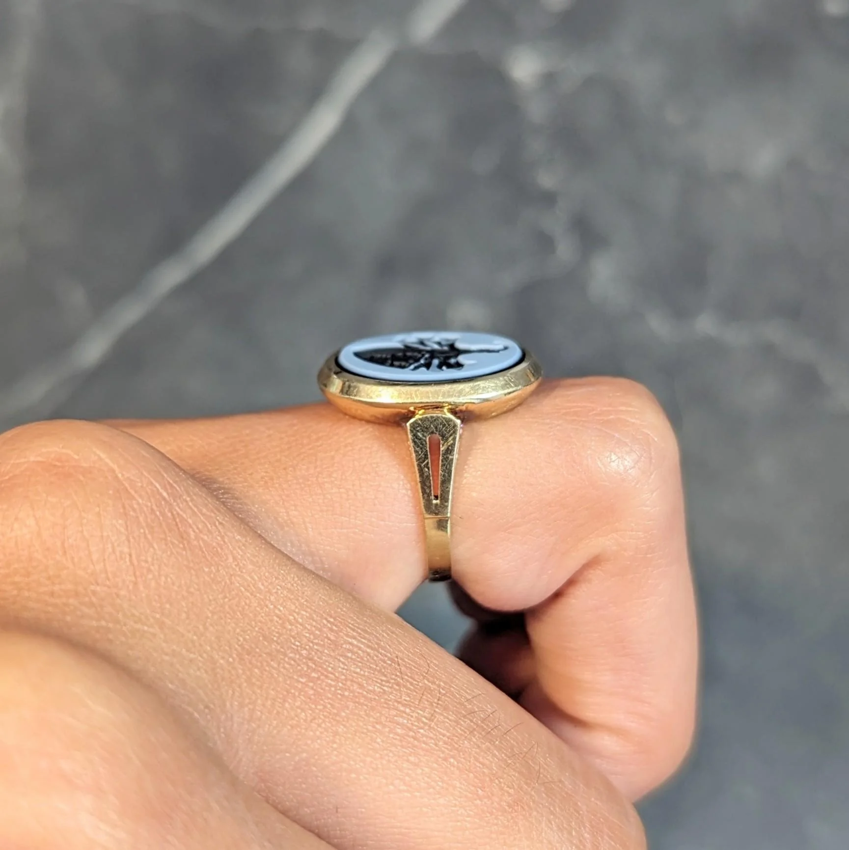 Victorian Carved Agate 14 Karat Yellow Gold Antique Heraldic Intaglio Unisex Signet Ring - Image 14