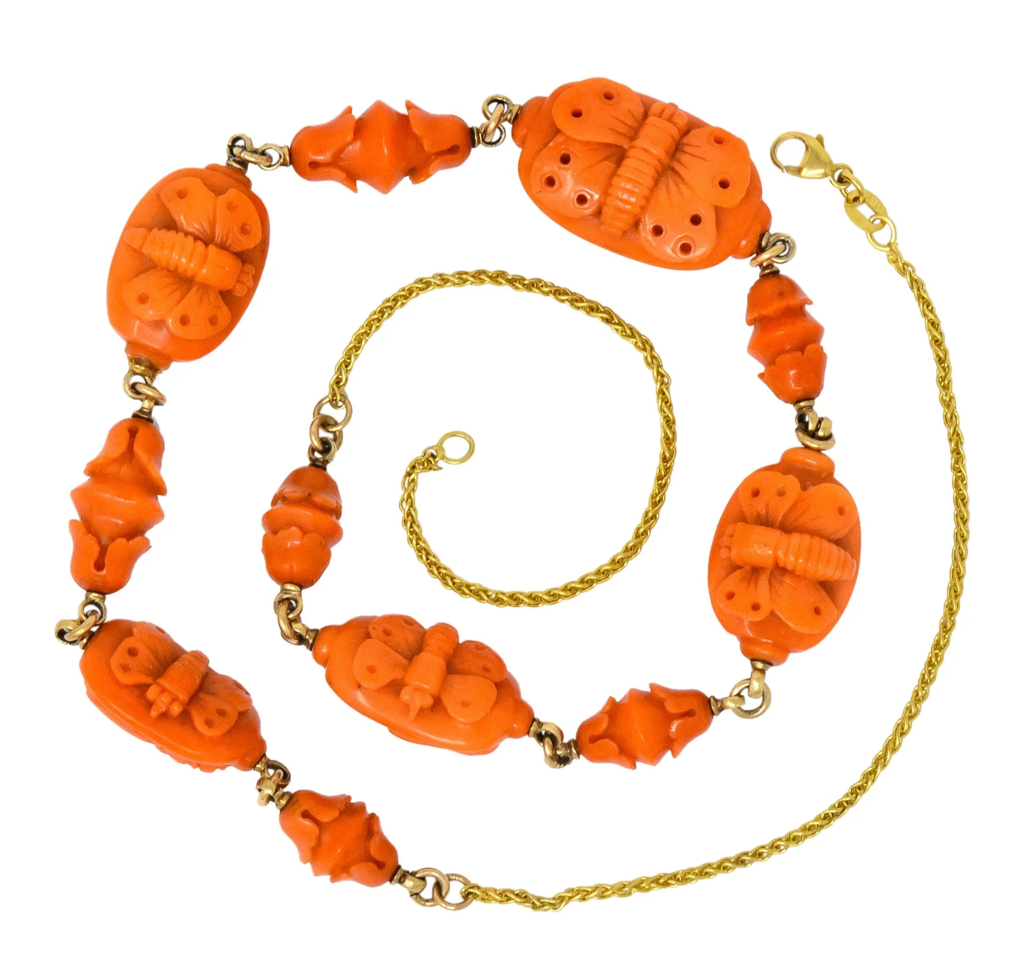 Victorian Carved Butterfly & Scarab Coral 14 Karat Gold Necklace - Image 10