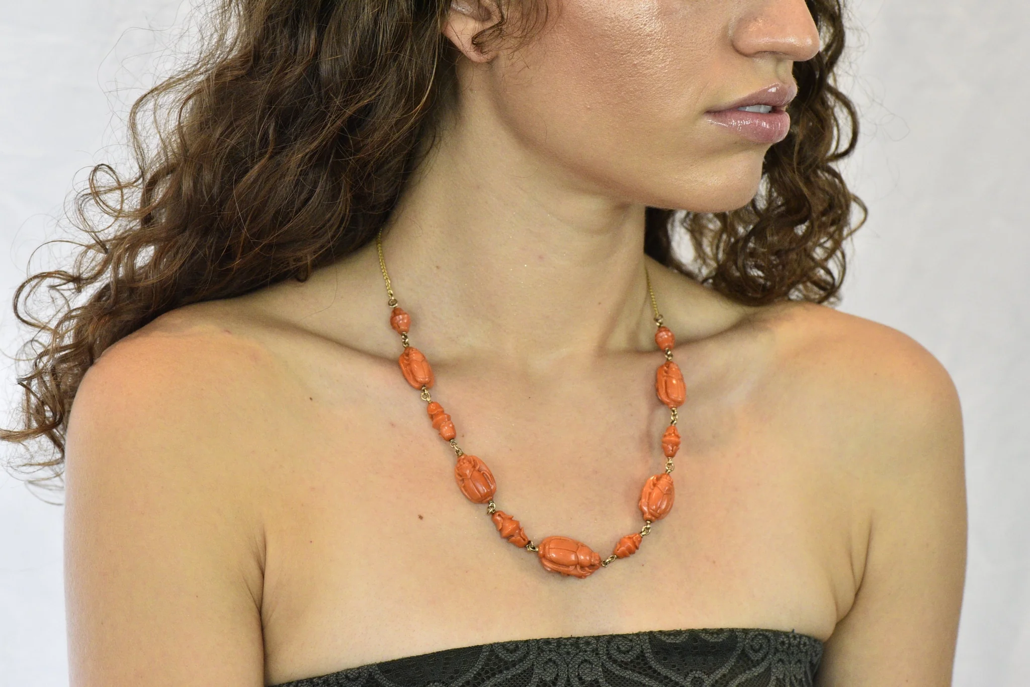 Victorian Carved Butterfly & Scarab Coral 14 Karat Gold Necklace - Image 13