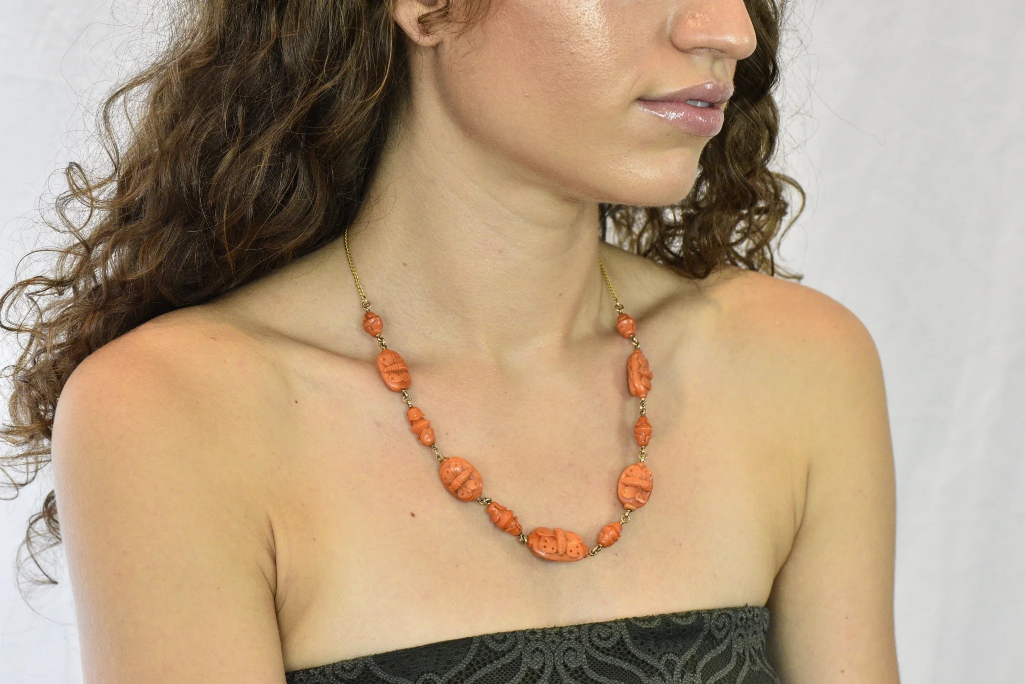 Victorian Carved Butterfly & Scarab Coral 14 Karat Gold Necklace - Image 14