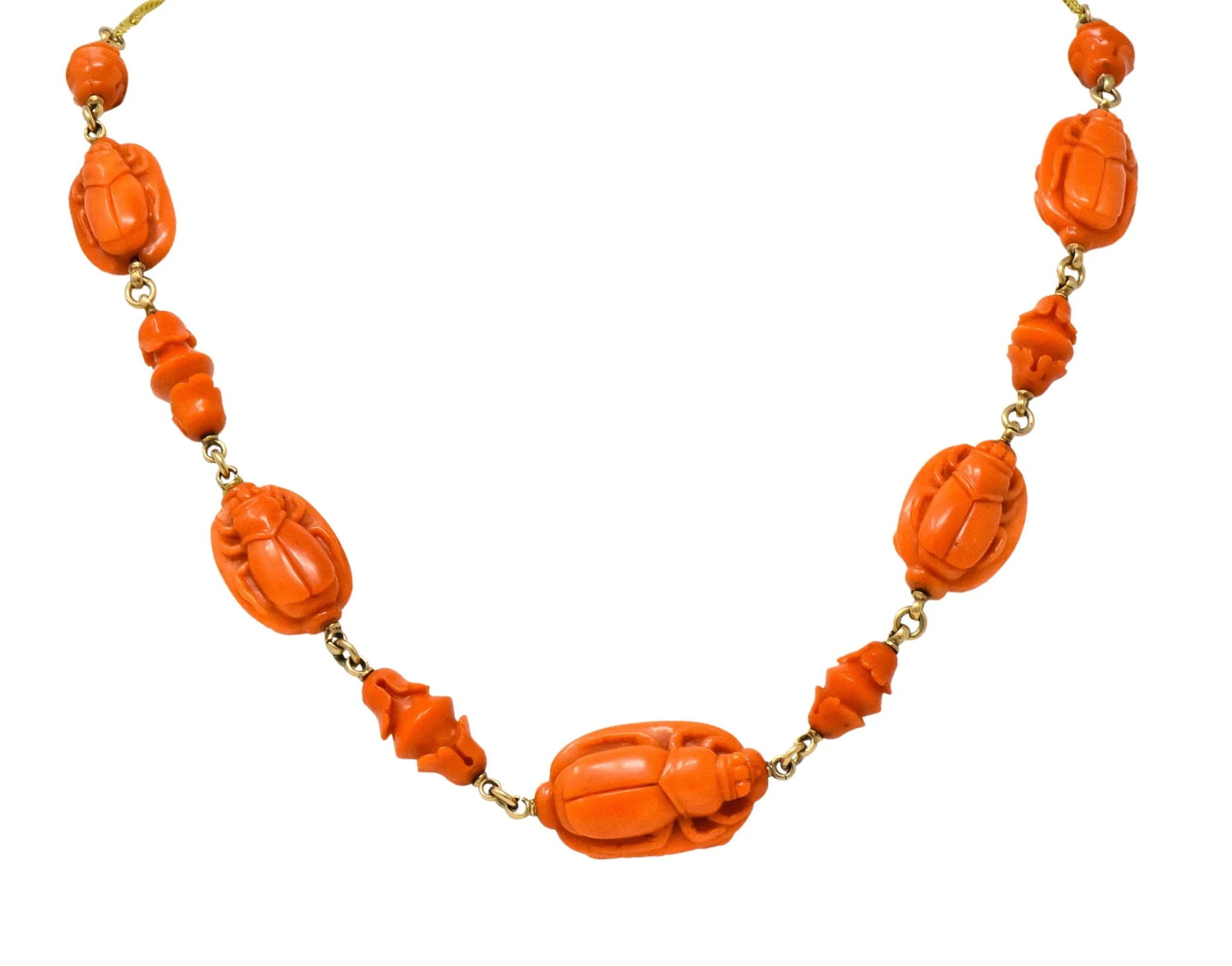 Victorian Carved Butterfly & Scarab Coral 14 Karat Gold Necklace - Image 2