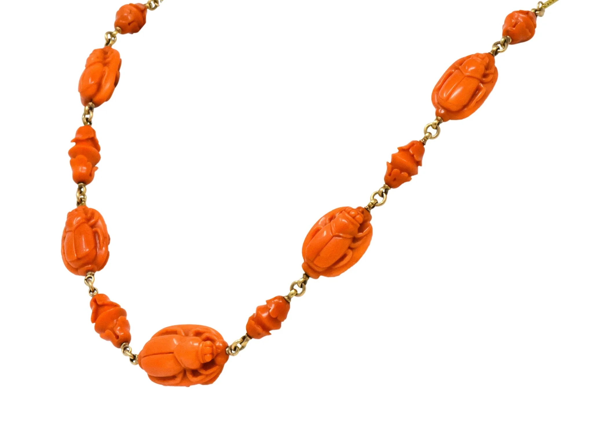 Victorian Carved Butterfly & Scarab Coral 14 Karat Gold Necklace - Image 3
