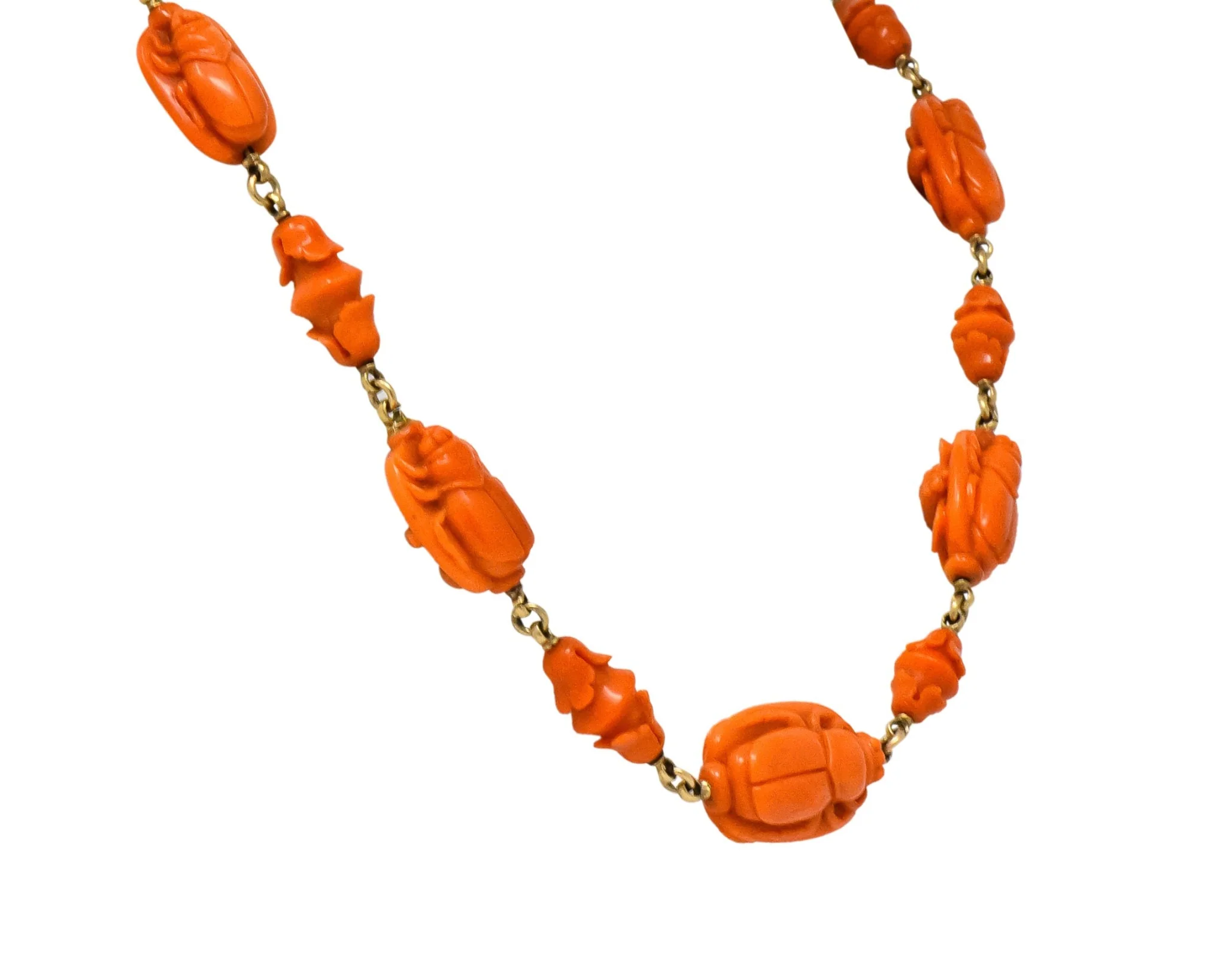 Victorian Carved Butterfly & Scarab Coral 14 Karat Gold Necklace - Image 4