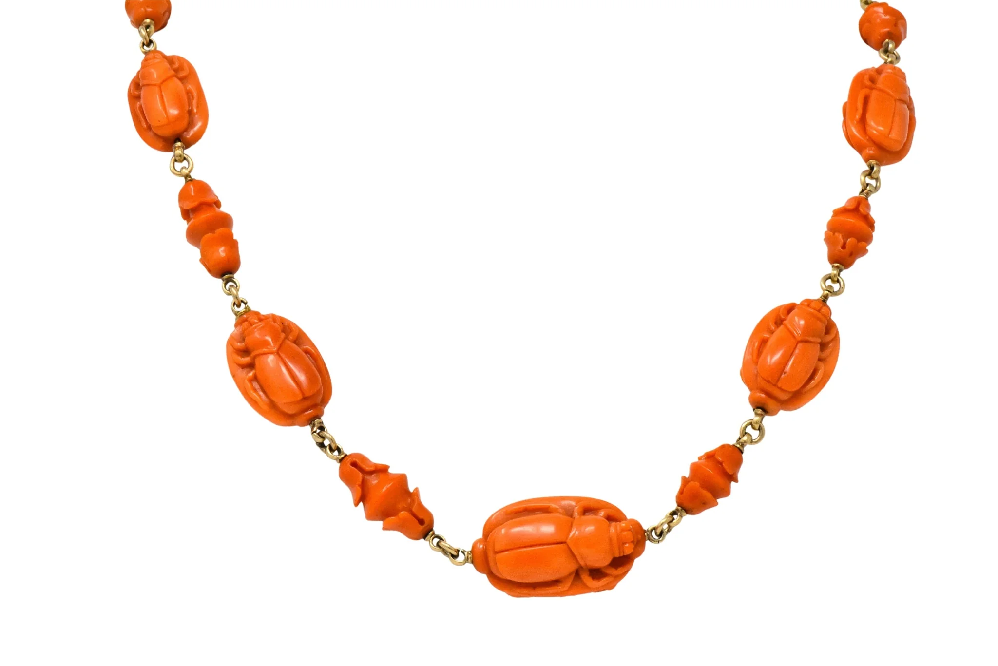 Victorian Carved Butterfly & Scarab Coral 14 Karat Gold Necklace - Image 5