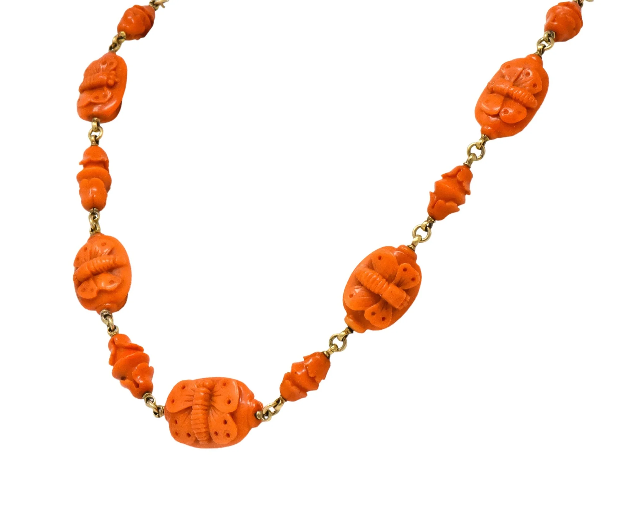 Victorian Carved Butterfly & Scarab Coral 14 Karat Gold Necklace - Image 6
