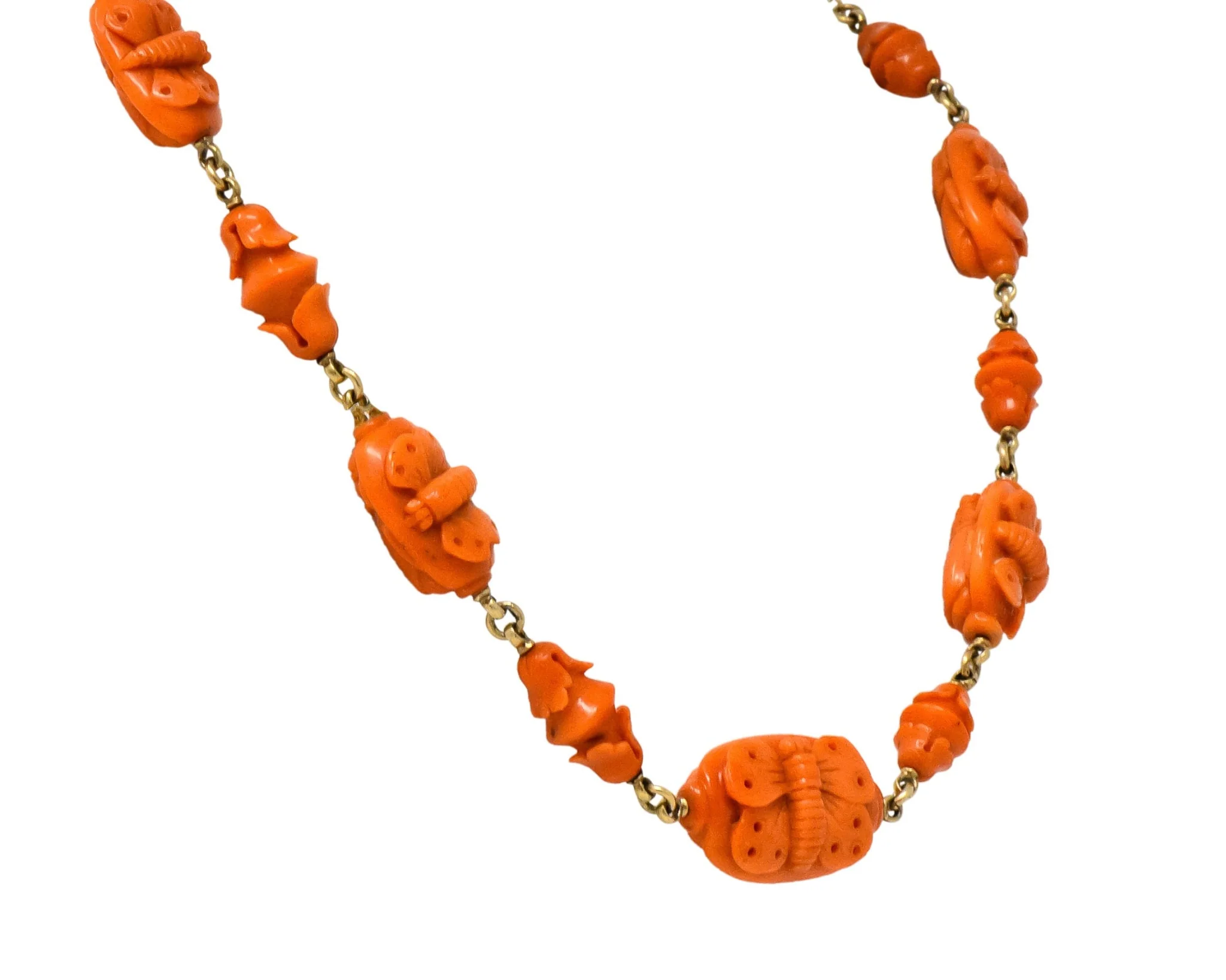 Victorian Carved Butterfly & Scarab Coral 14 Karat Gold Necklace - Image 7