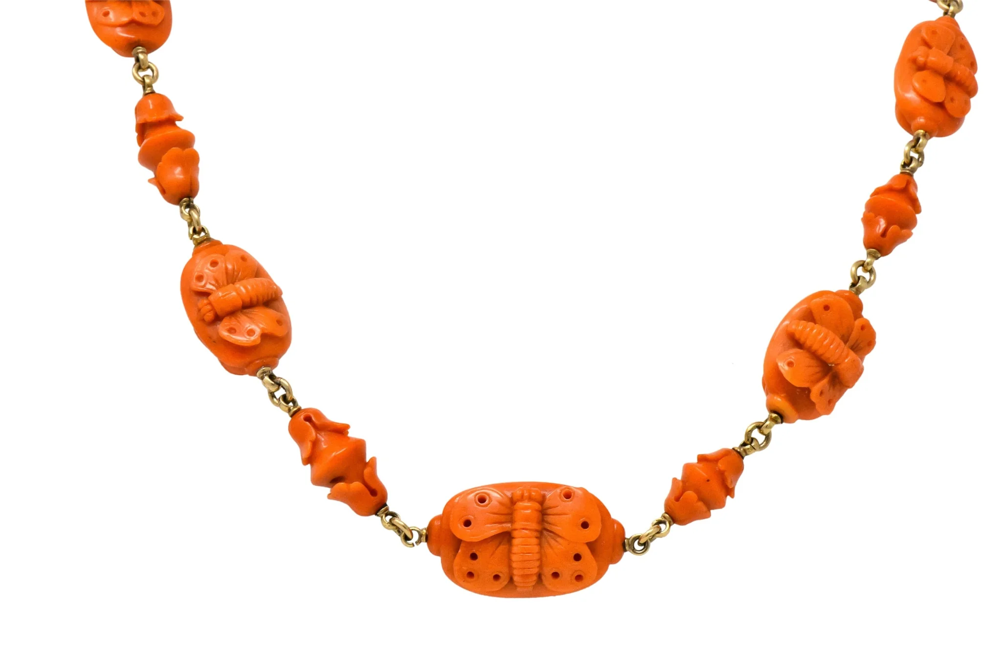 Victorian Carved Butterfly & Scarab Coral 14 Karat Gold Necklace - Image 8