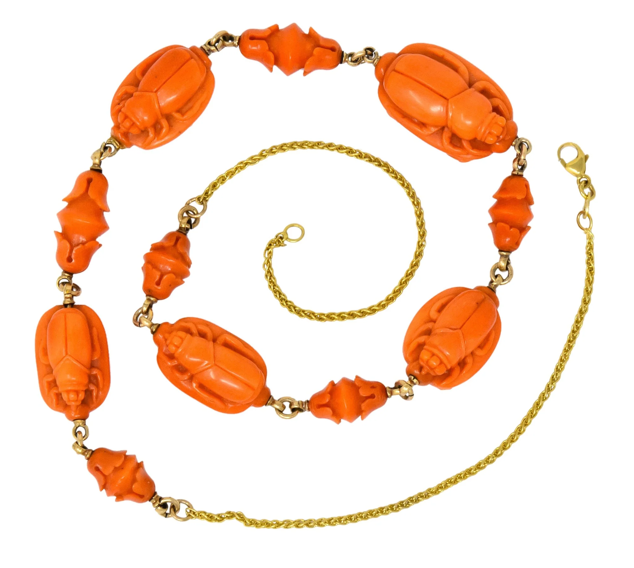 Victorian Carved Butterfly & Scarab Coral 14 Karat Gold Necklace - Image 9