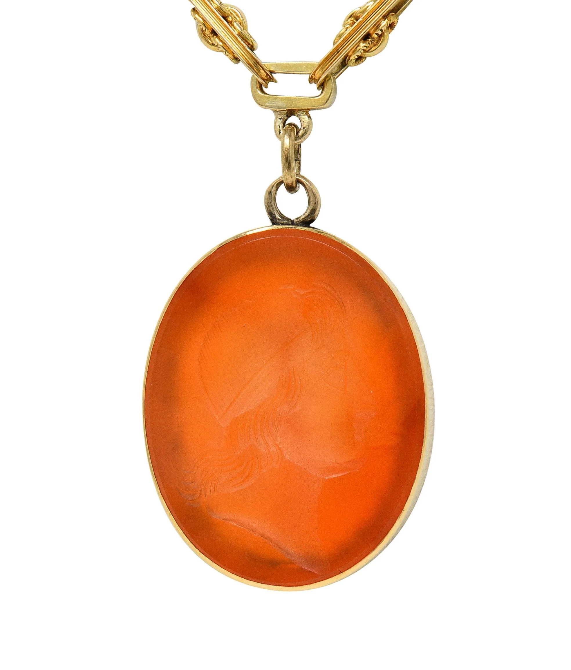 Victorian Carved Carnelian 14 Karat Gold Fancy Link Chain Cameo Pendant Necklace - Image 10