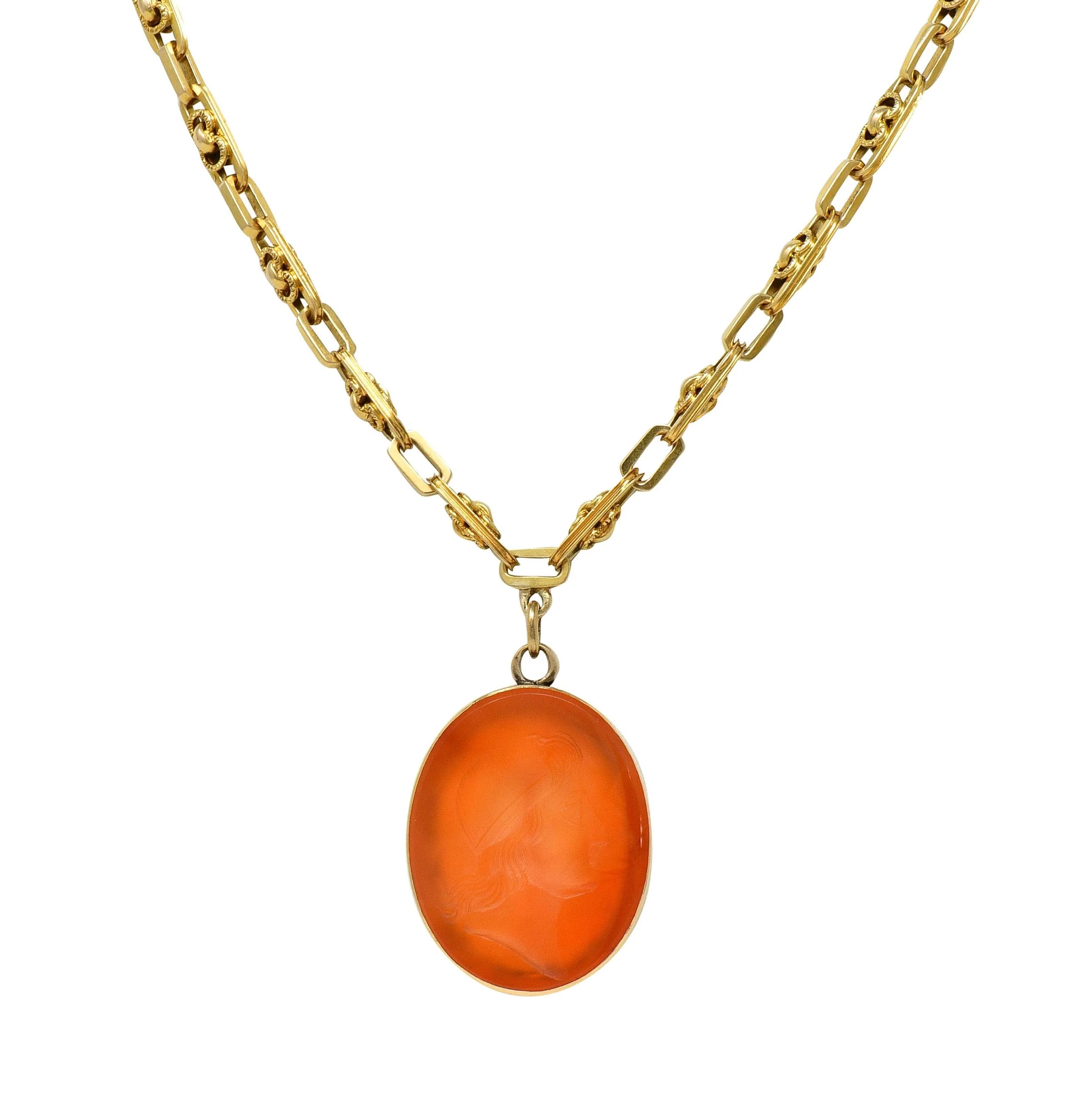 Victorian Carved Carnelian 14 Karat Gold Fancy Link Chain Cameo Pendant Necklace - Image 11