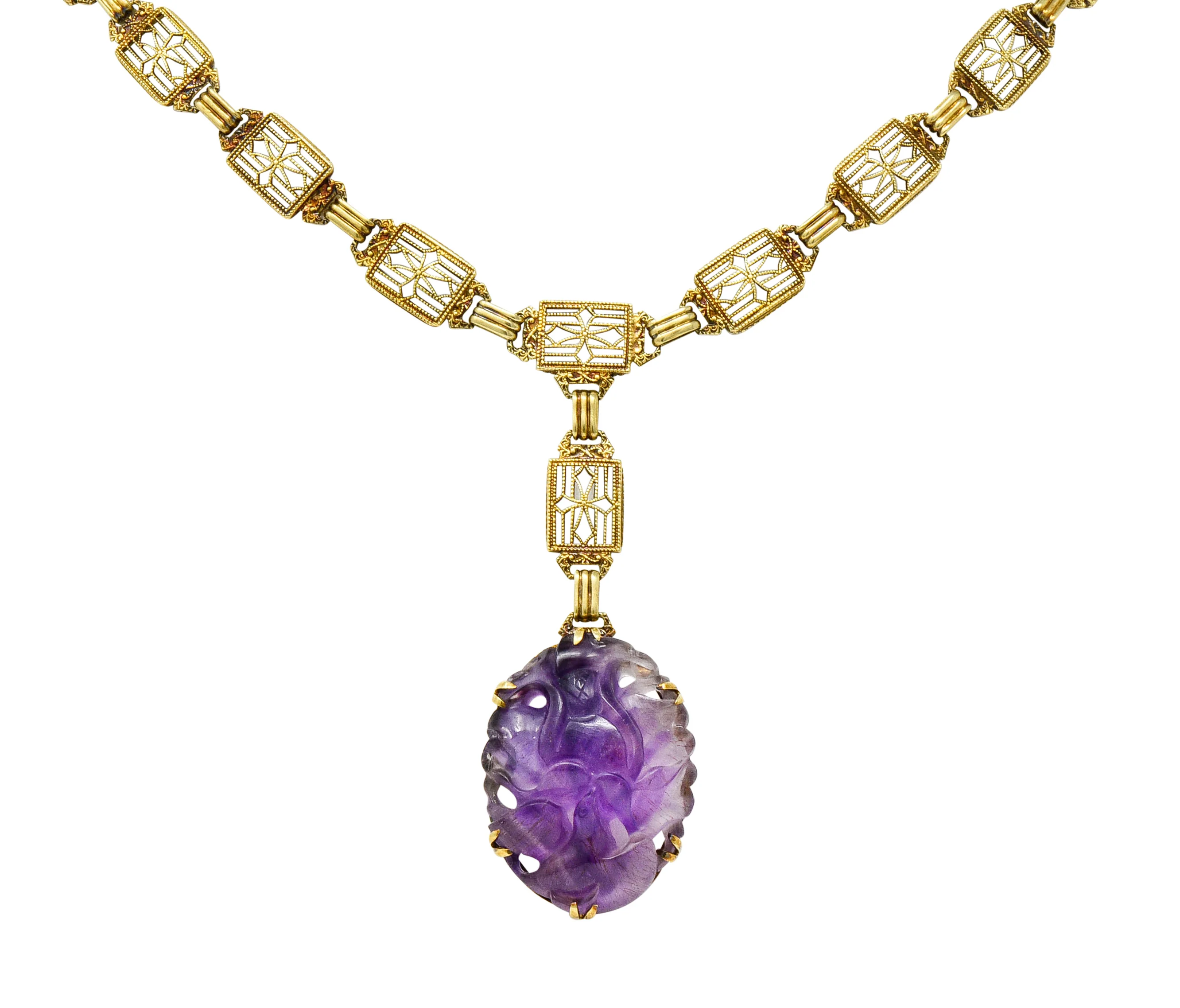 Victorian Carved Rutilated Amethyst 14 Karat Gold Drop Necklace