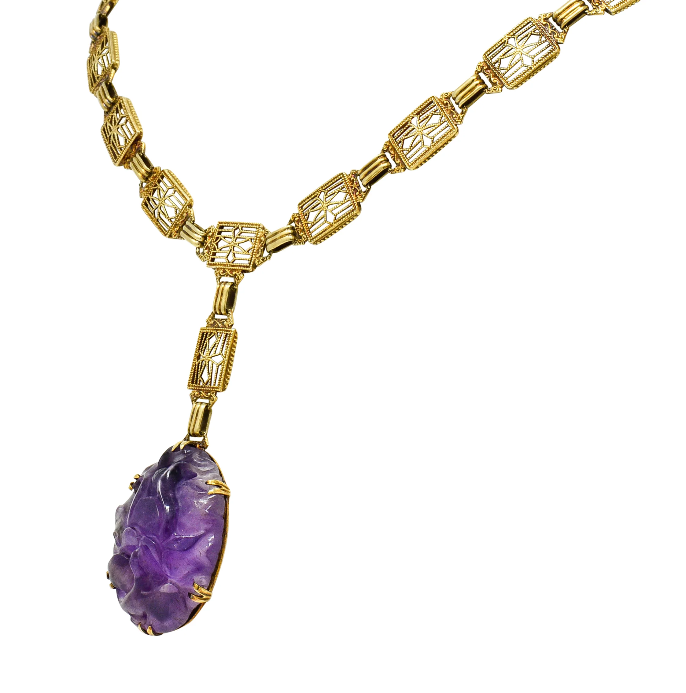 Victorian Carved Rutilated Amethyst 14 Karat Gold Drop Necklace - Image 3
