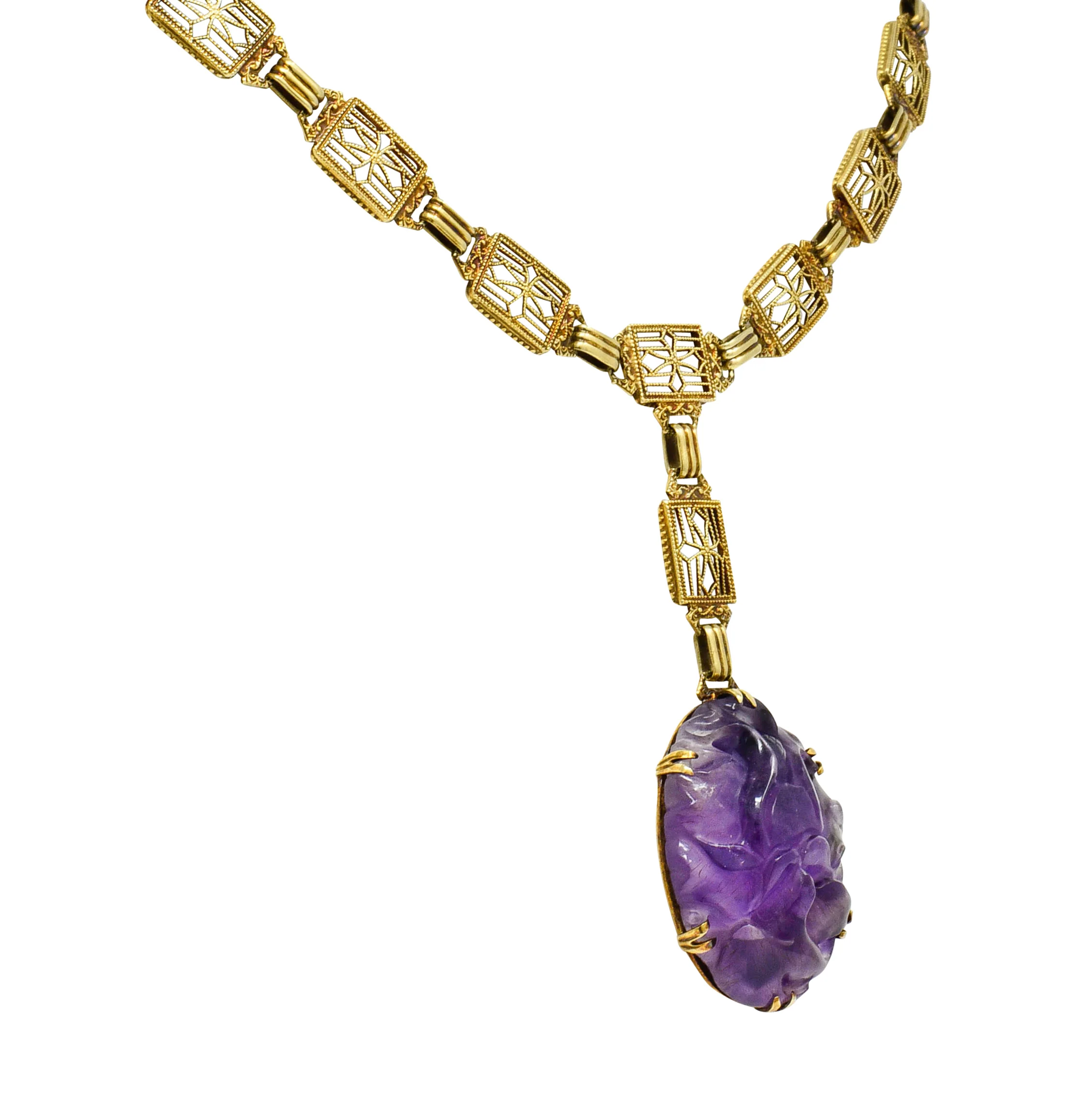 Victorian Carved Rutilated Amethyst 14 Karat Gold Drop Necklace - Image 4