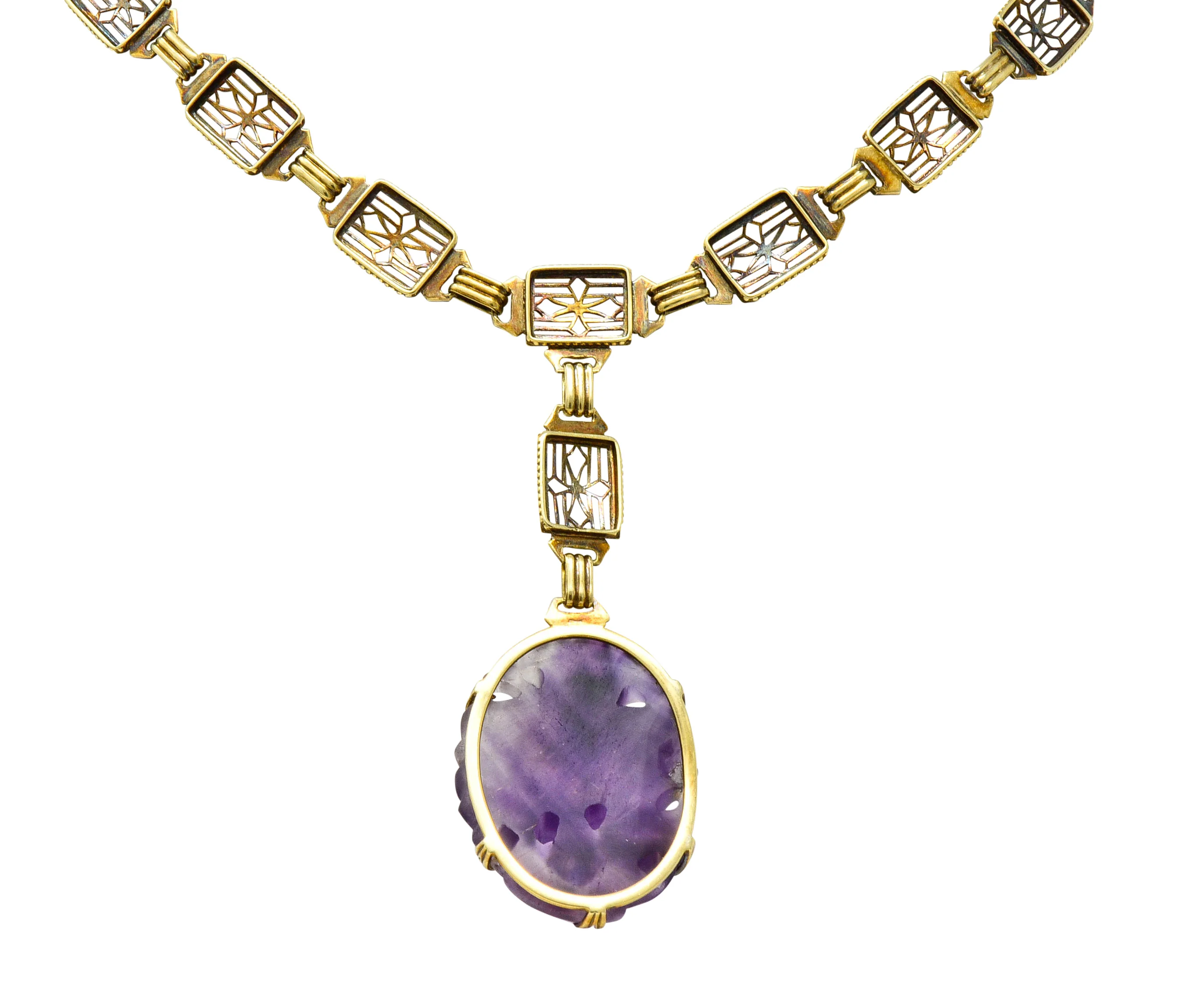Victorian Carved Rutilated Amethyst 14 Karat Gold Drop Necklace - Image 5